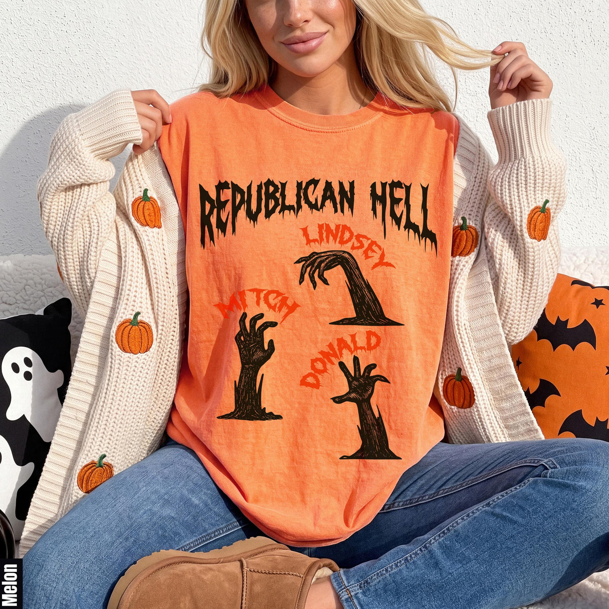 Orange t-shirt with "Republican Hell" and celebrity names with zombie hands.