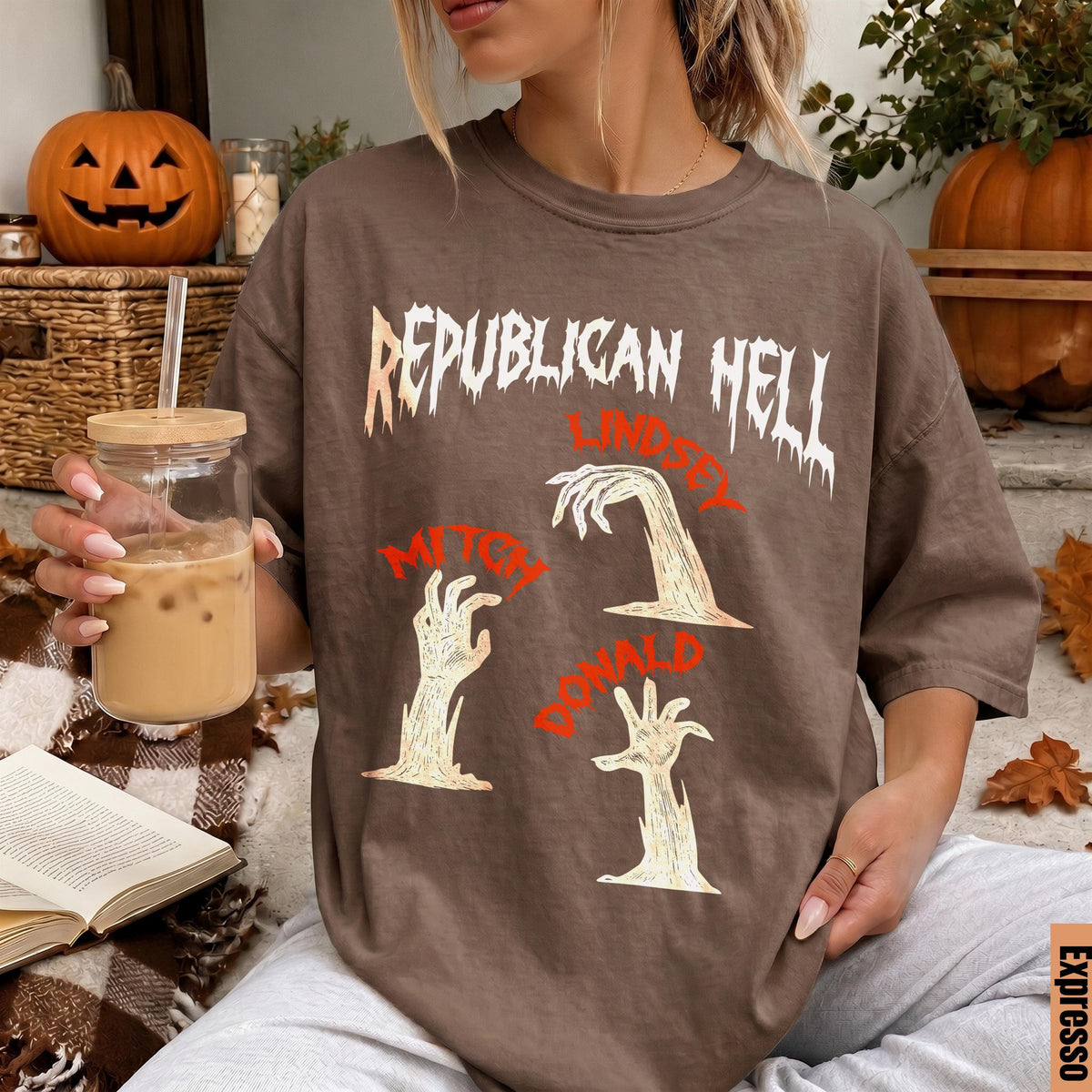 T-shirt with "Republican Hell" and cartoon hands with names Lindsey, Mitch, Donald.