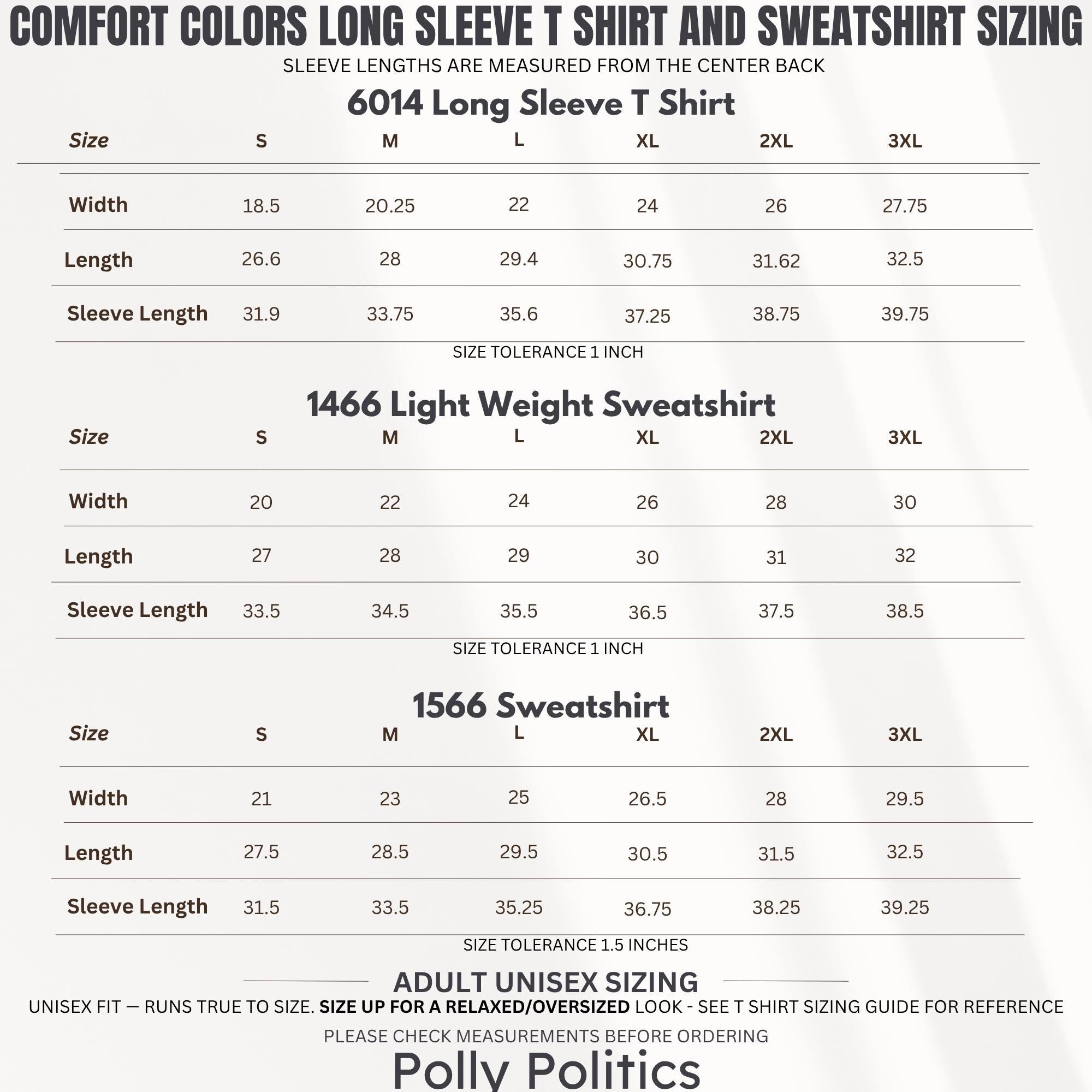 Comfort Colors sizing chart for long sleeve t-shirt and sweatshirts.
