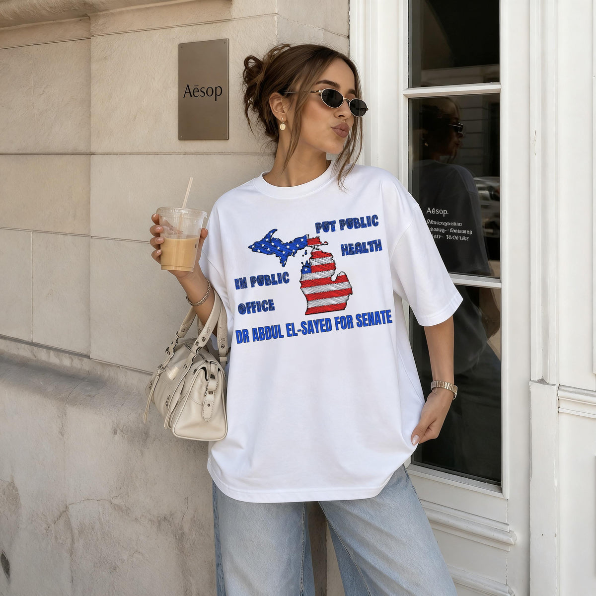White t-shirt with Michigan map graphic: "Put Public Health in Public Office Dr Abdul El-Sayed for Senate".