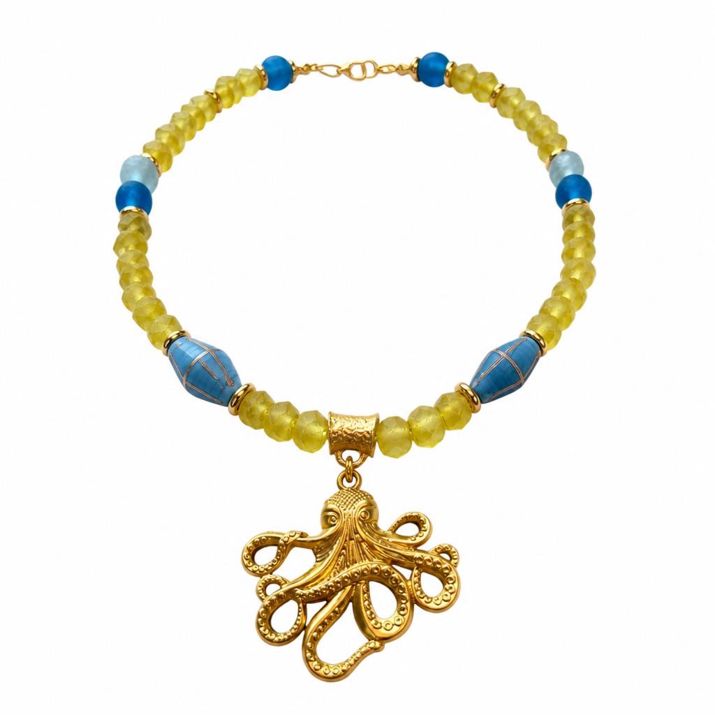 Gold Octopus Pendant Necklace, Yellow Turquoise Recycled Glass Beads, 21 Inch Statement Necklace