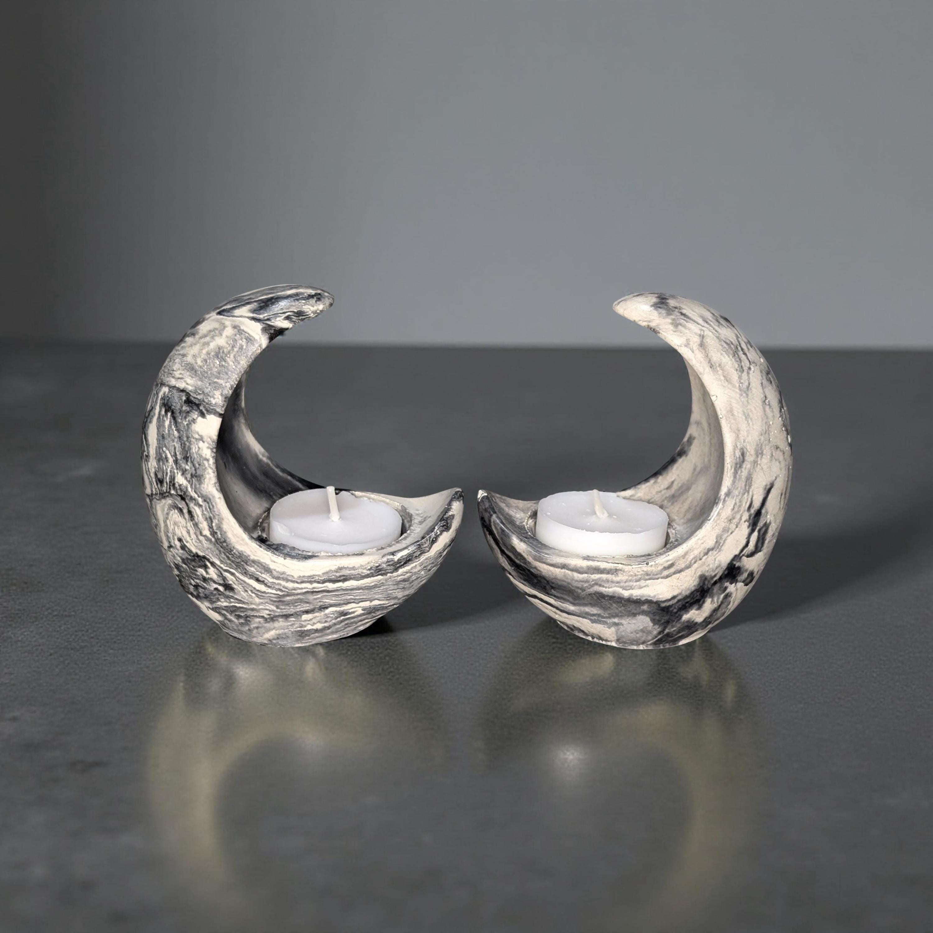 Concrete Crescent Moon Tea Light Holder Set of 2 - Minimalist Modern Candle Holder, Celestial Home Decor, Marble or Natural Gray Accent