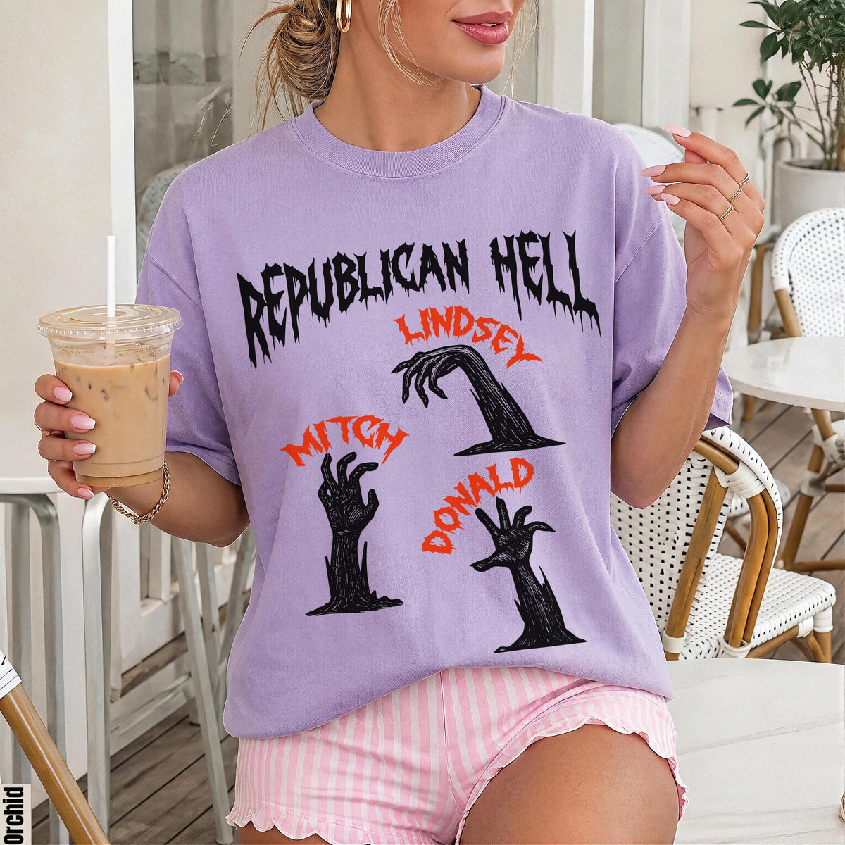 Purple t-shirt with "Republican Hell" and zombie hands with names Mitch, Lindsey, Donald.