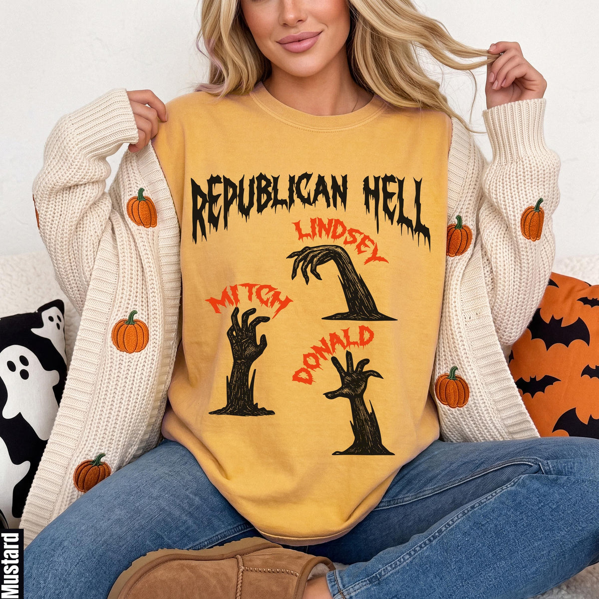 Yellow shirt with "Republican Hell" text and zombie hands for Lindsey, Mitch, and Donald.