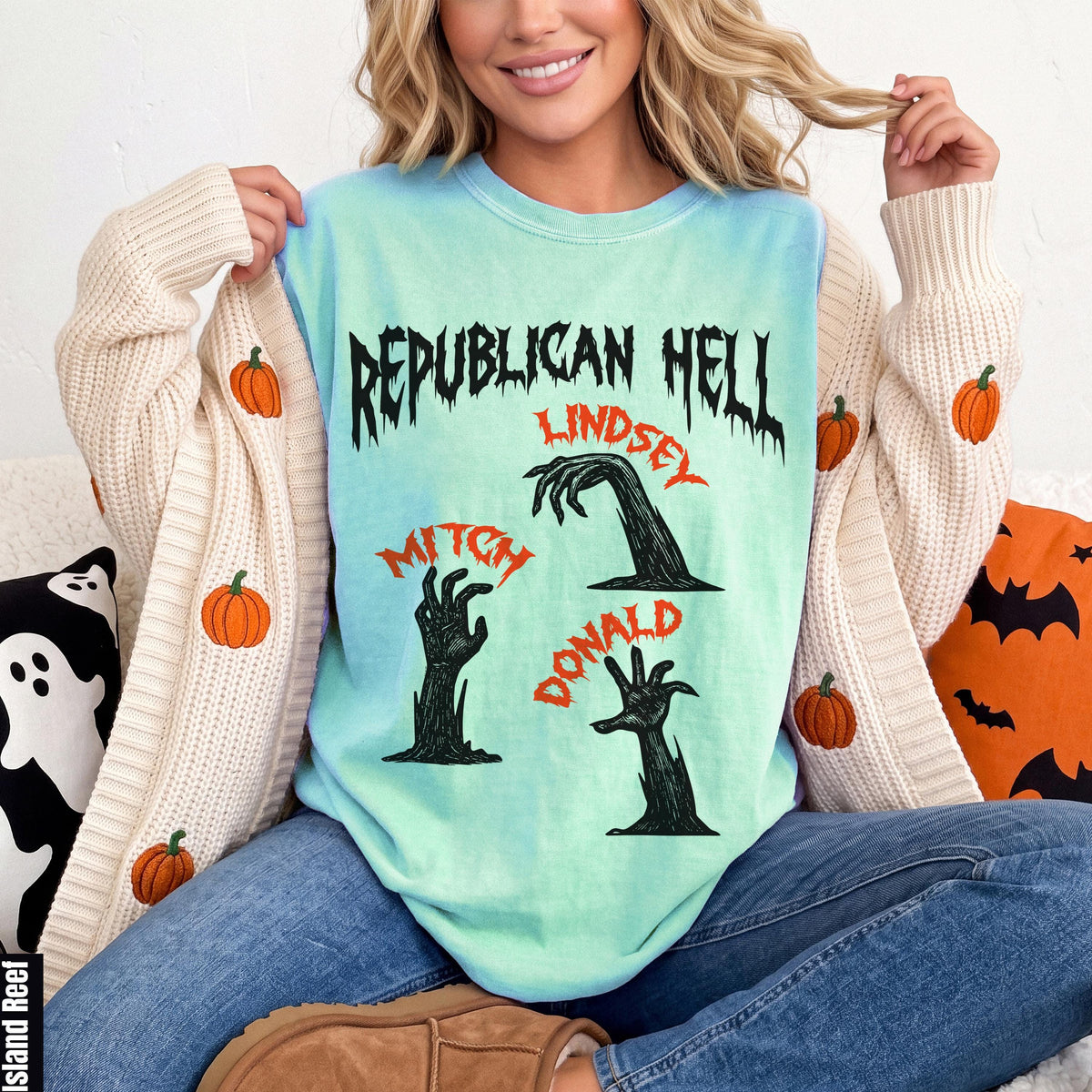 Shirt with "Republican Hell" and zombie hands labeled Lindsey, Mitch, and Donald.
