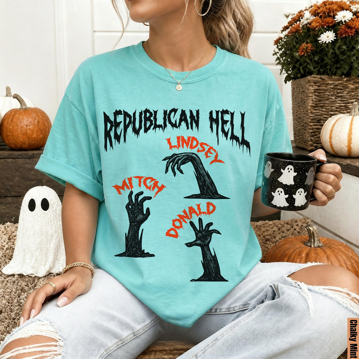 Teal t-shirt with "Republican Hell" and zombie hands labeled Lindsey, Mitch, and Donald.