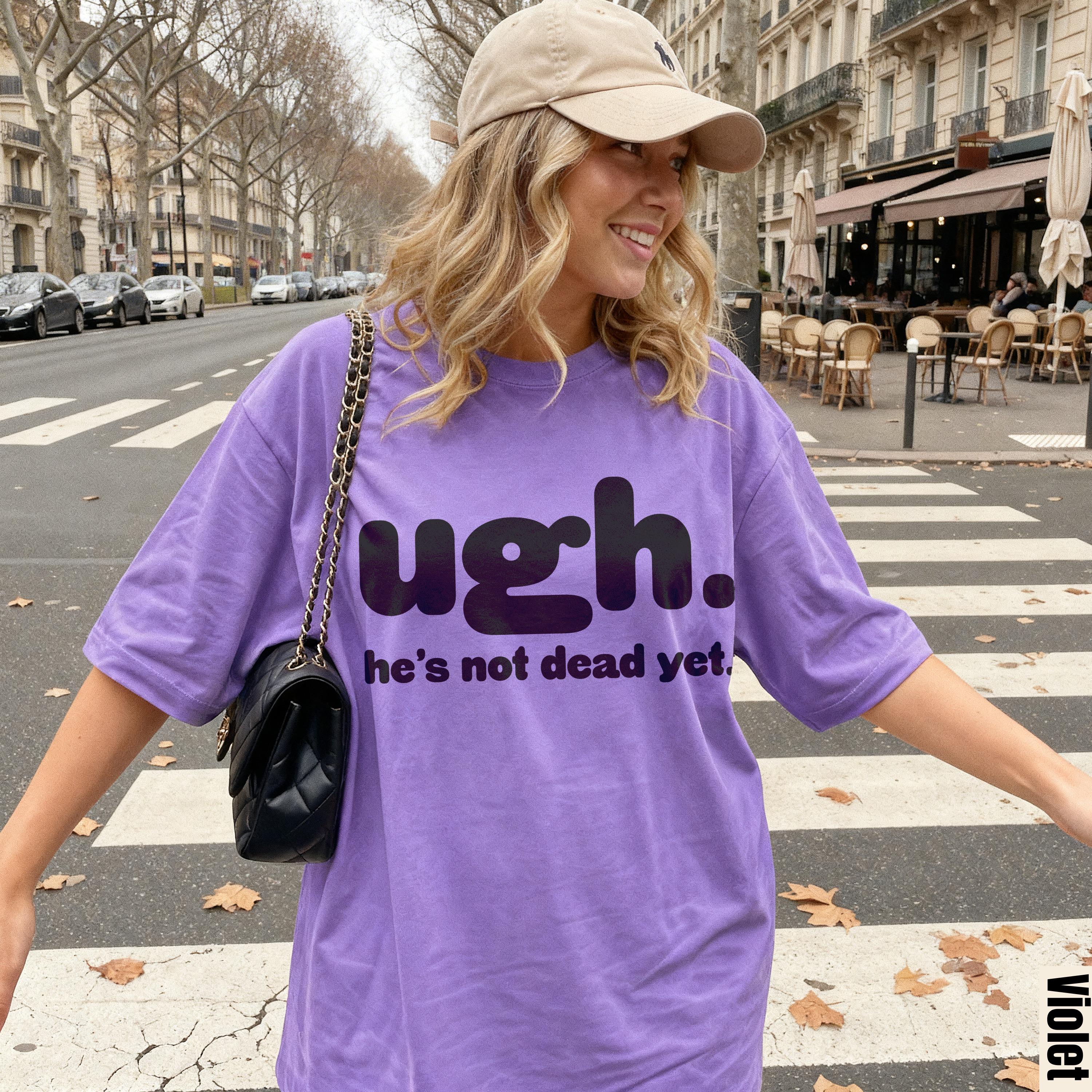 Purple t-shirt with "ugh. he&