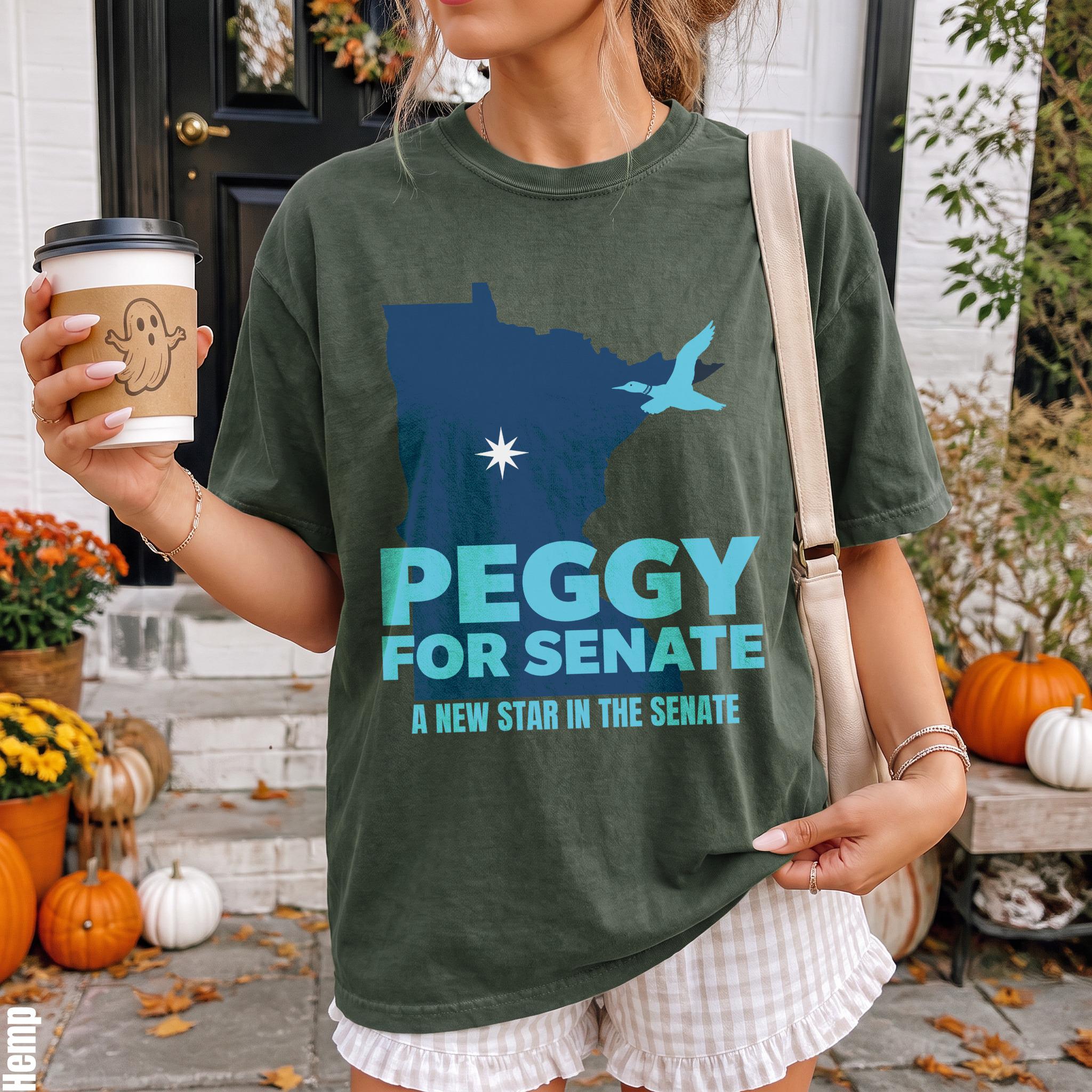 Green t-shirt with "Peggy for Senate A New Star in The Senate" text and Minnesota outline.