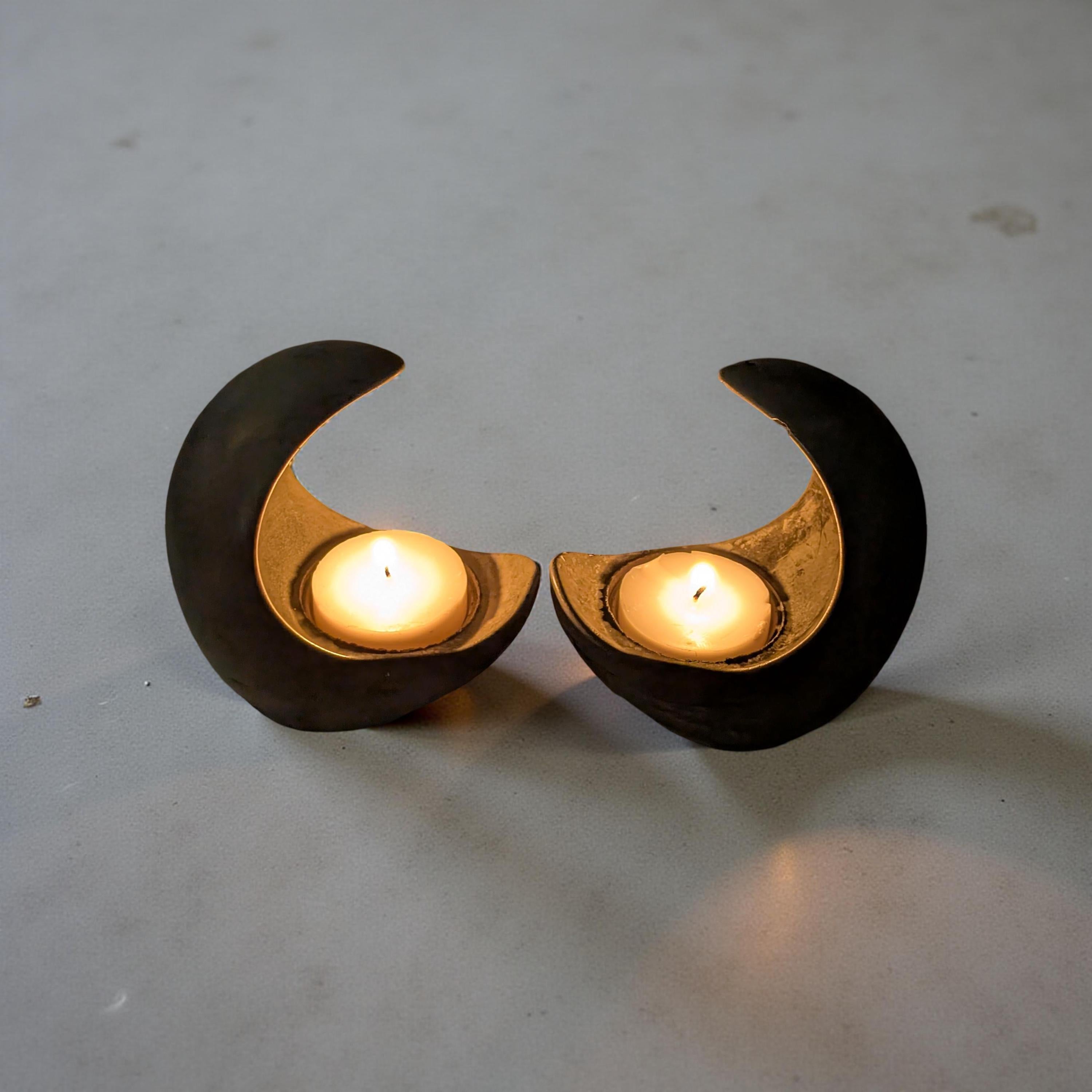 Concrete Crescent Moon Tea Light Holder Set of 2 - Minimalist Modern Candle Holder, Celestial Home Decor, Marble or Natural Gray Accent