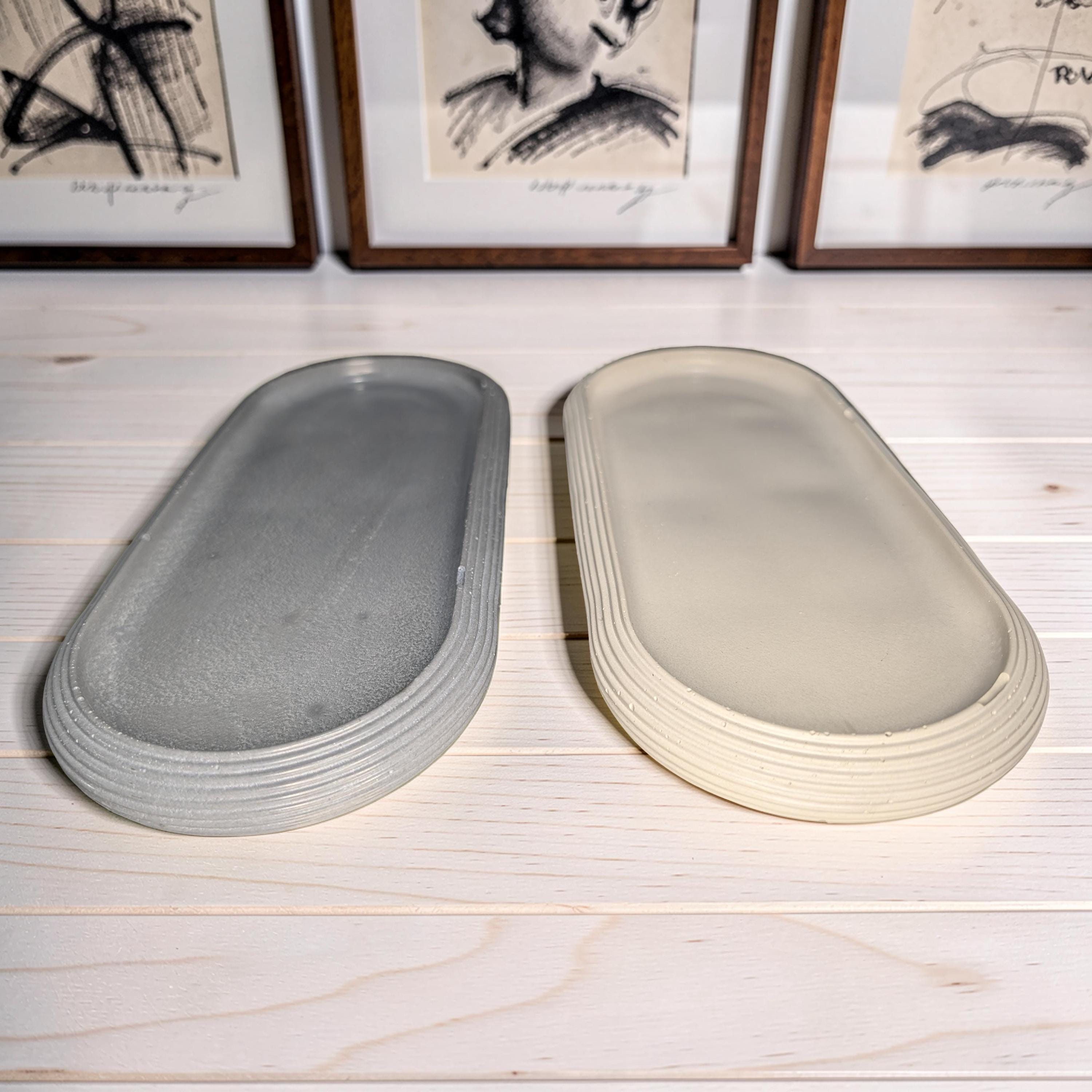 Large Concrete Vanity Tray, Oval Ribbed Catchall Dish, Minimalist Bathroom Counter Organizer, Modern Candle|Perfume Tray, Entryway Key Dish