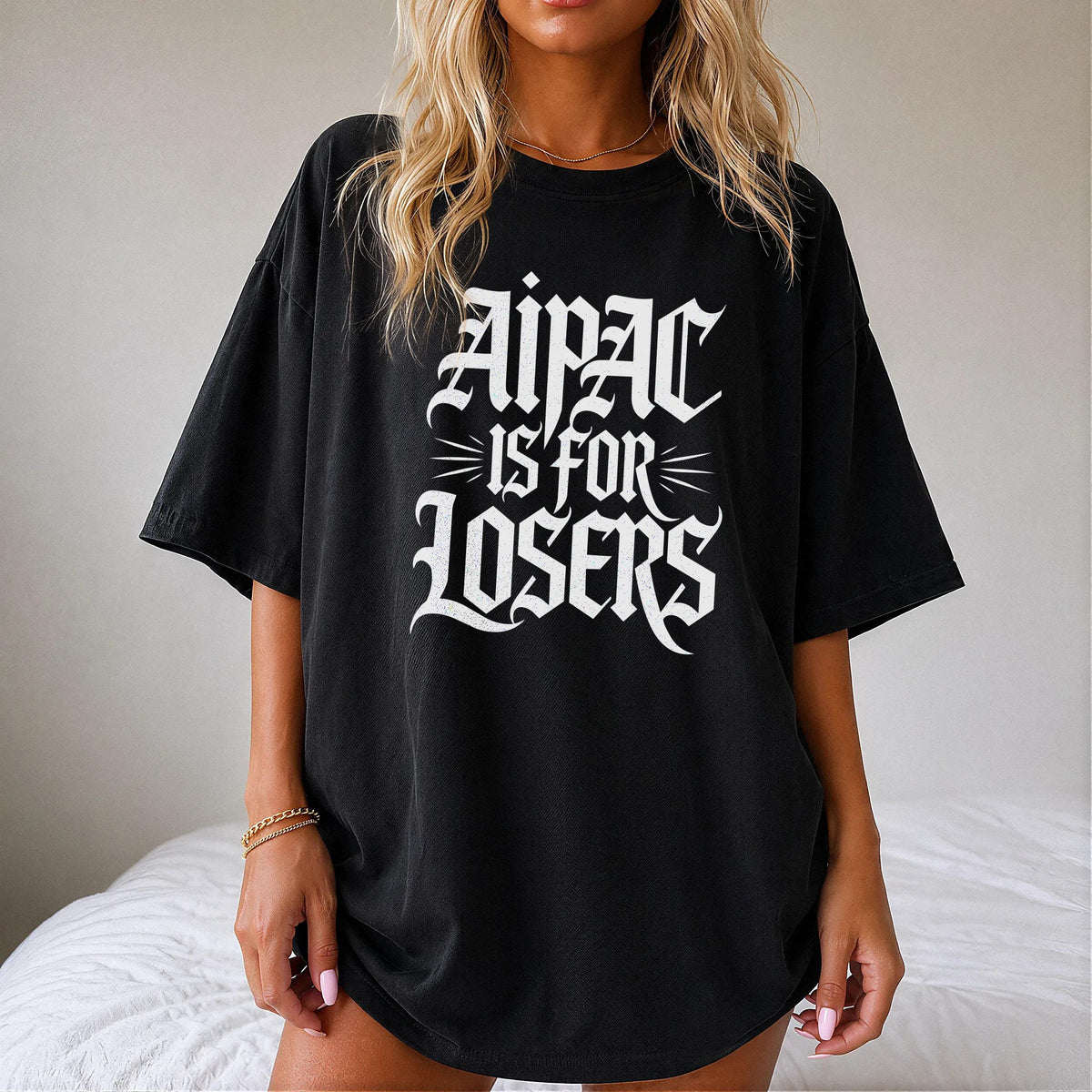 Black t-shirt with white gothic text reading "AIPAC IS FOR LOSERS".