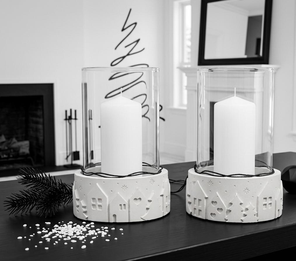 Set of 2 Concrete Pillar Candle Holders with Glass Hurricane Tubes | Winter Village Christmas Decor | Nordic Table Centerpiece