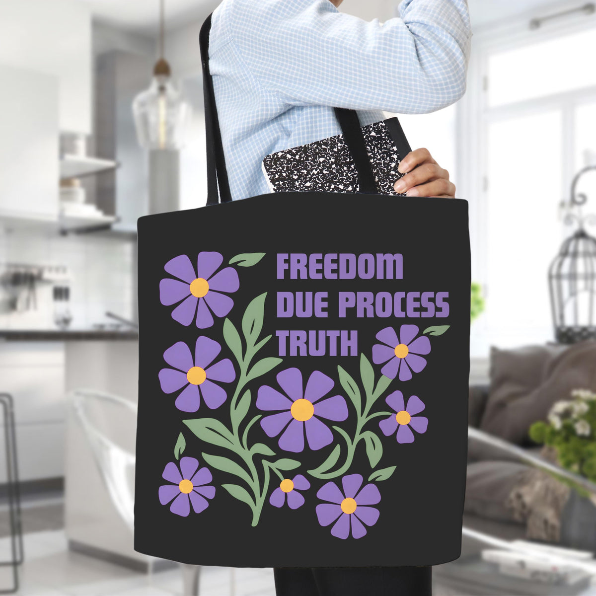Subtle FDT Freedom Due Process Truth Tote Bag, Floral Social Justice Book Bag