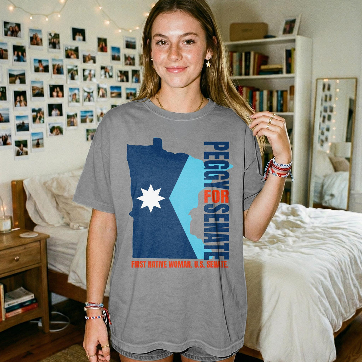 Grey t-shirt with Minnesota outline, "Peggy for Senate" and "First Native Woman, U.S. Senate."