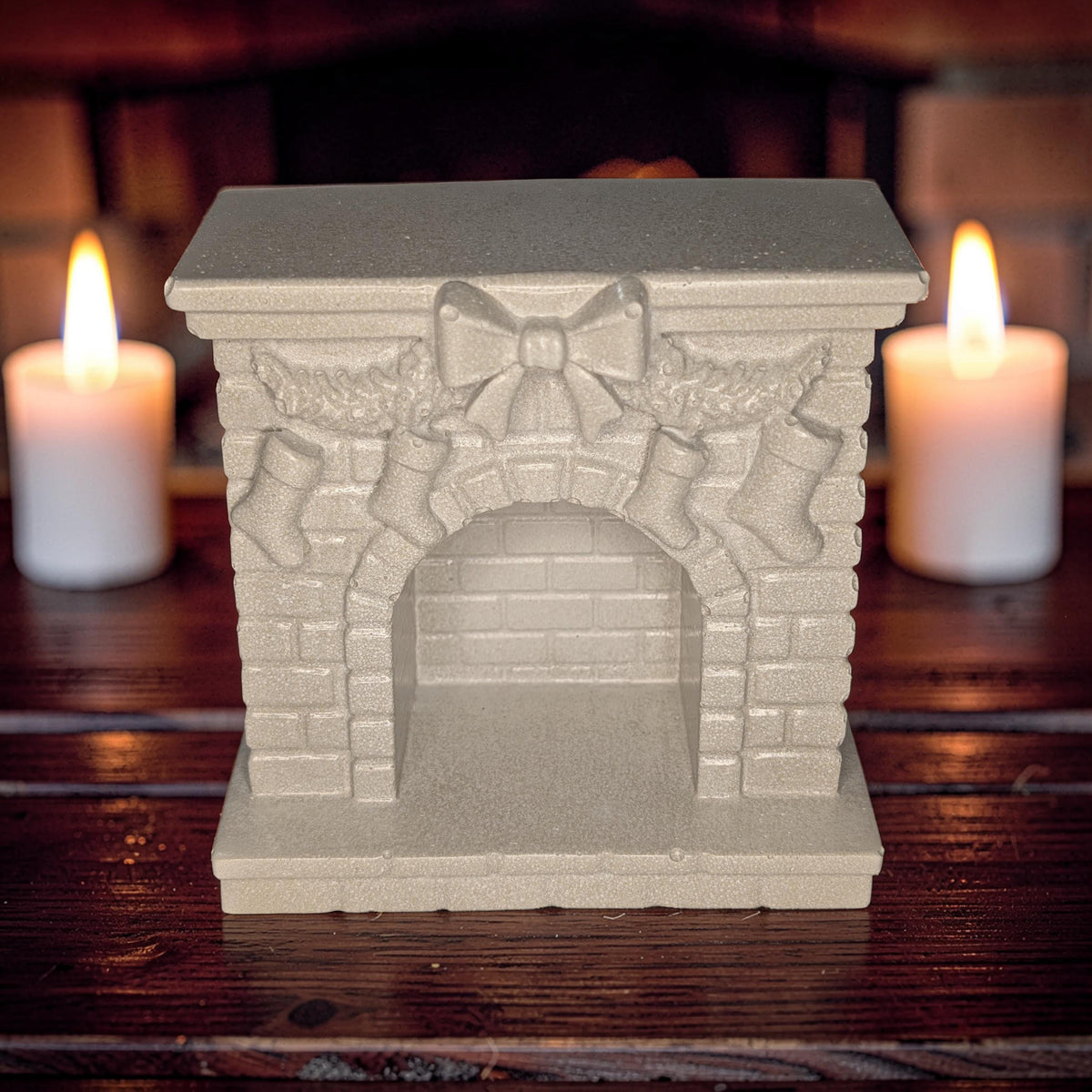 Mini Concrete Christmas Fireplace Candle Holder | Cute Holiday Mantle Decor, Tealight Burner & Tiered Tray Accent | Cozy Winter Home Decor