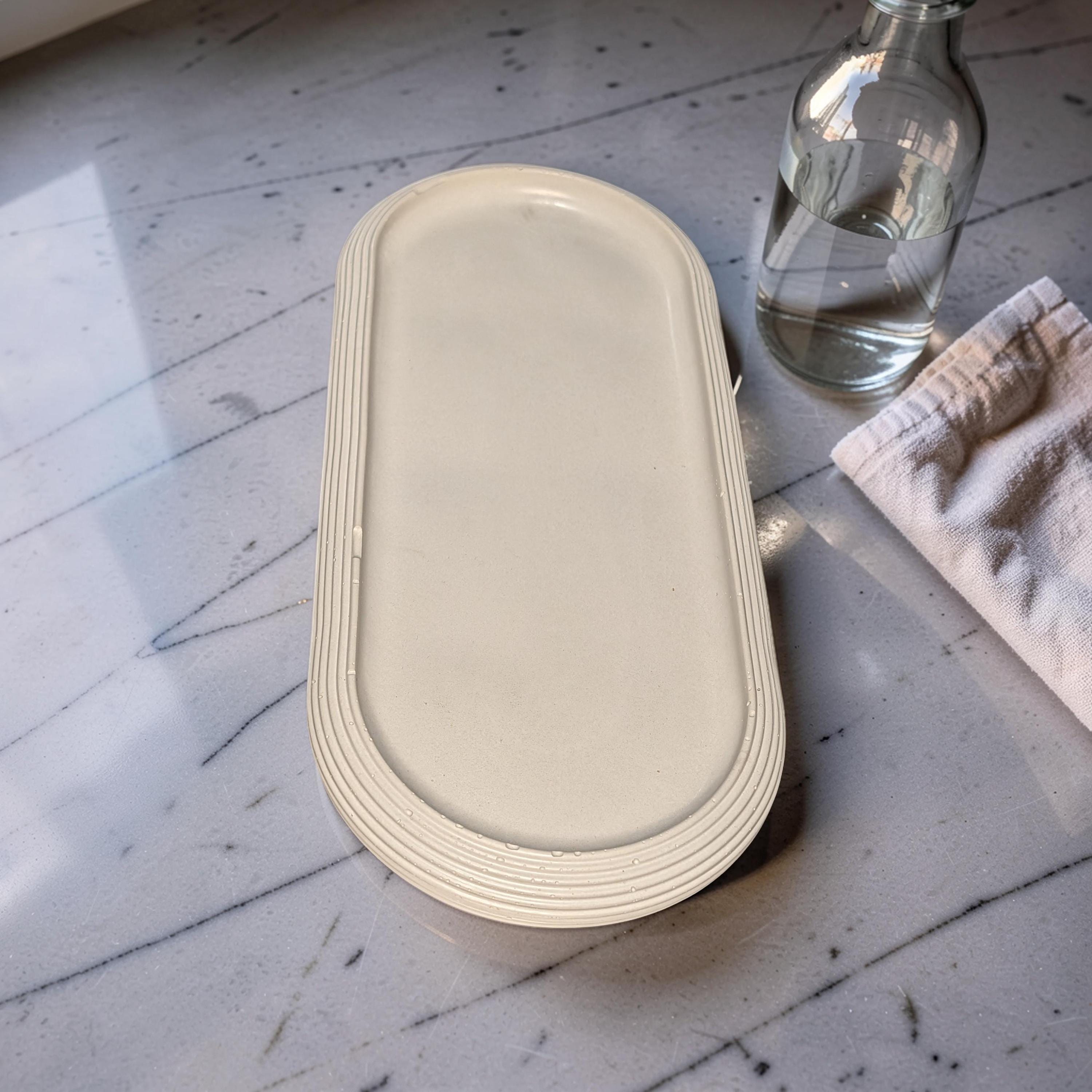 Large Concrete Vanity Tray, Oval Ribbed Catchall Dish, Minimalist Bathroom Counter Organizer, Modern Candle|Perfume Tray, Entryway Key Dish