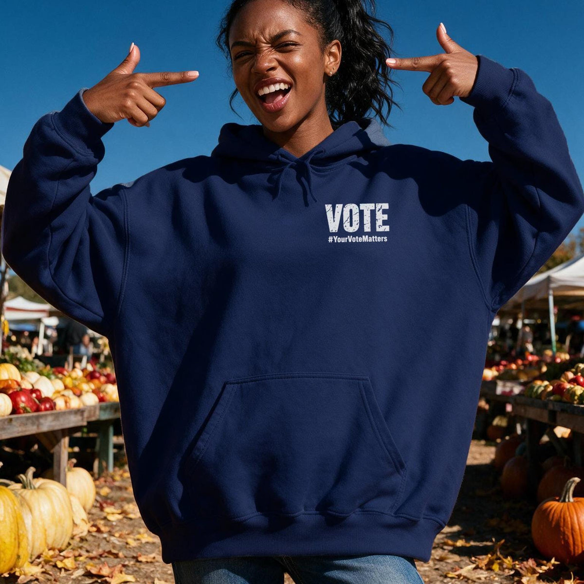 Woman points to "VOTE