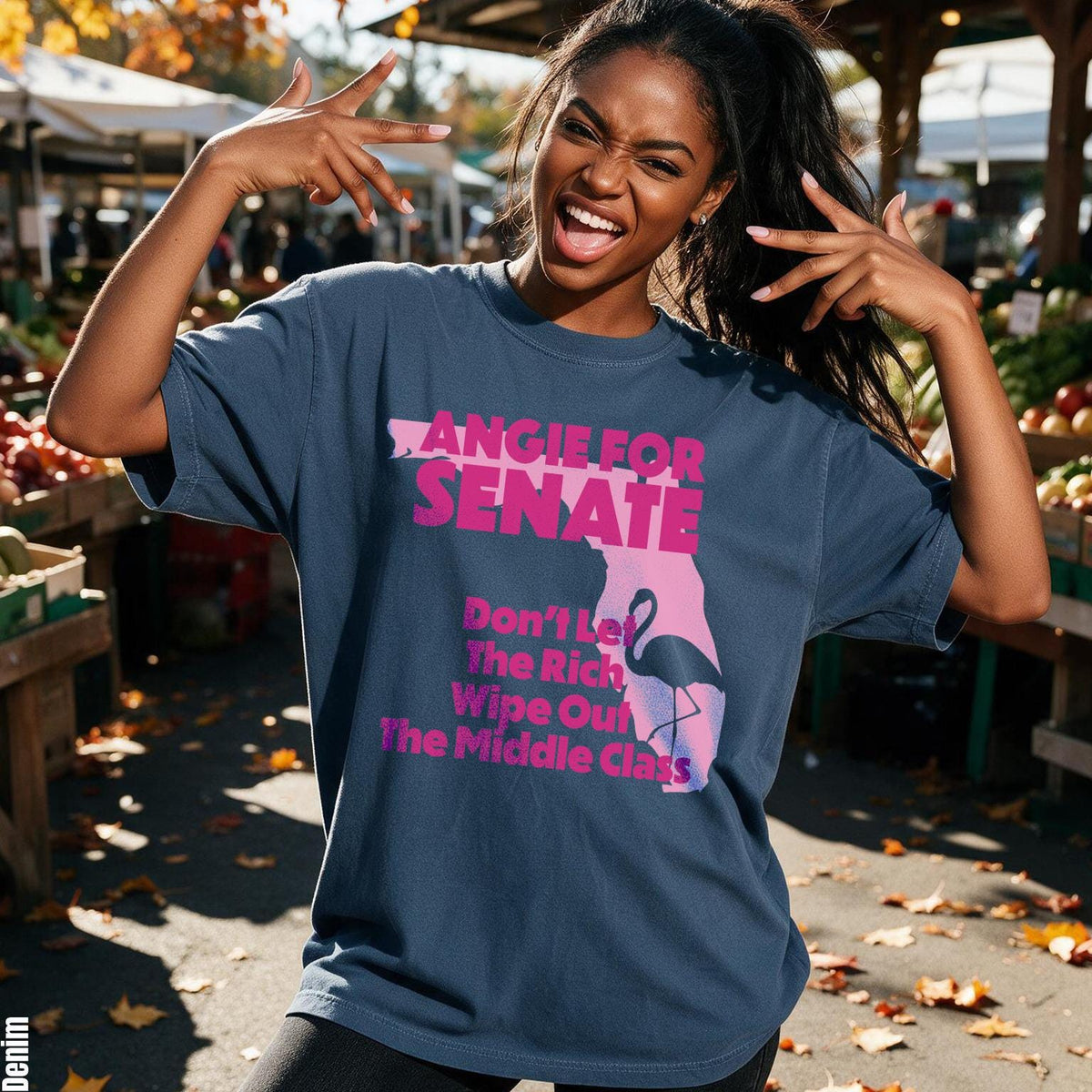 Denim t-shirt with "Angie for Senate" and flamingo graphic with text.