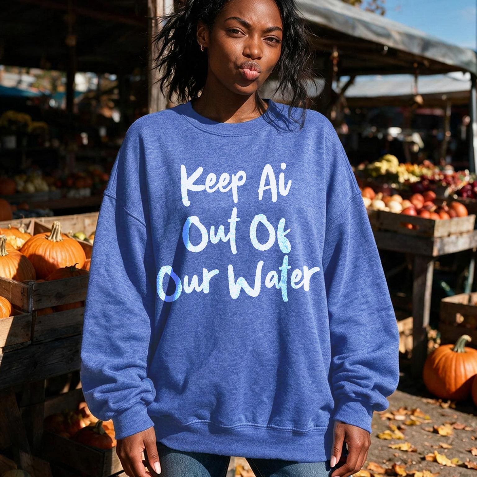 Blue sweatshirt with "Keep Ai Out Of Our Water" text, in front of pumpkin stand.