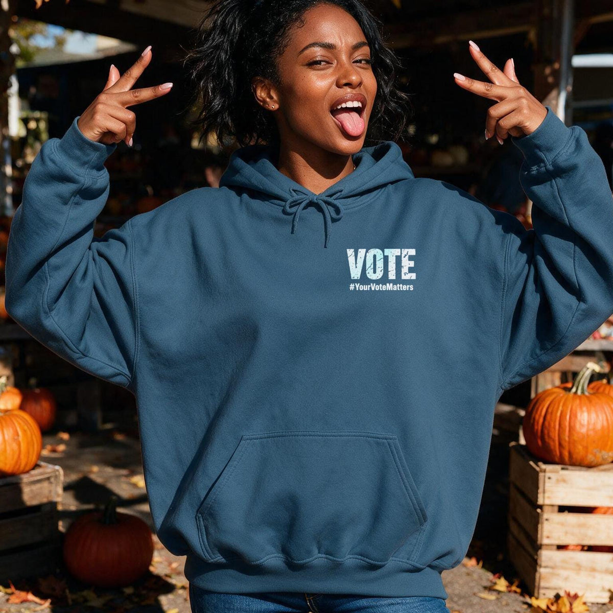 Blue hoodie with "VOTE