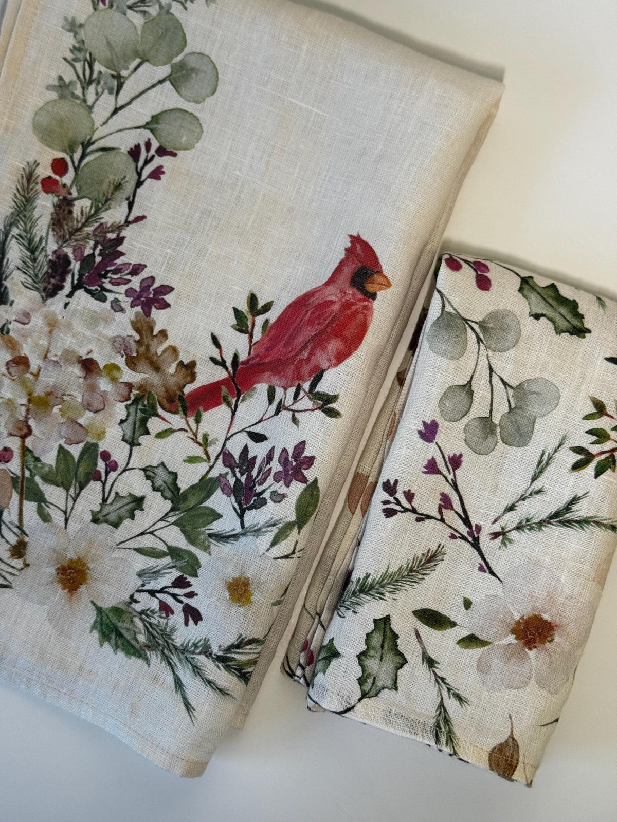 Winter Floral Napkin – Natural Linen Napkin – Holiday Botanical Table Decor
