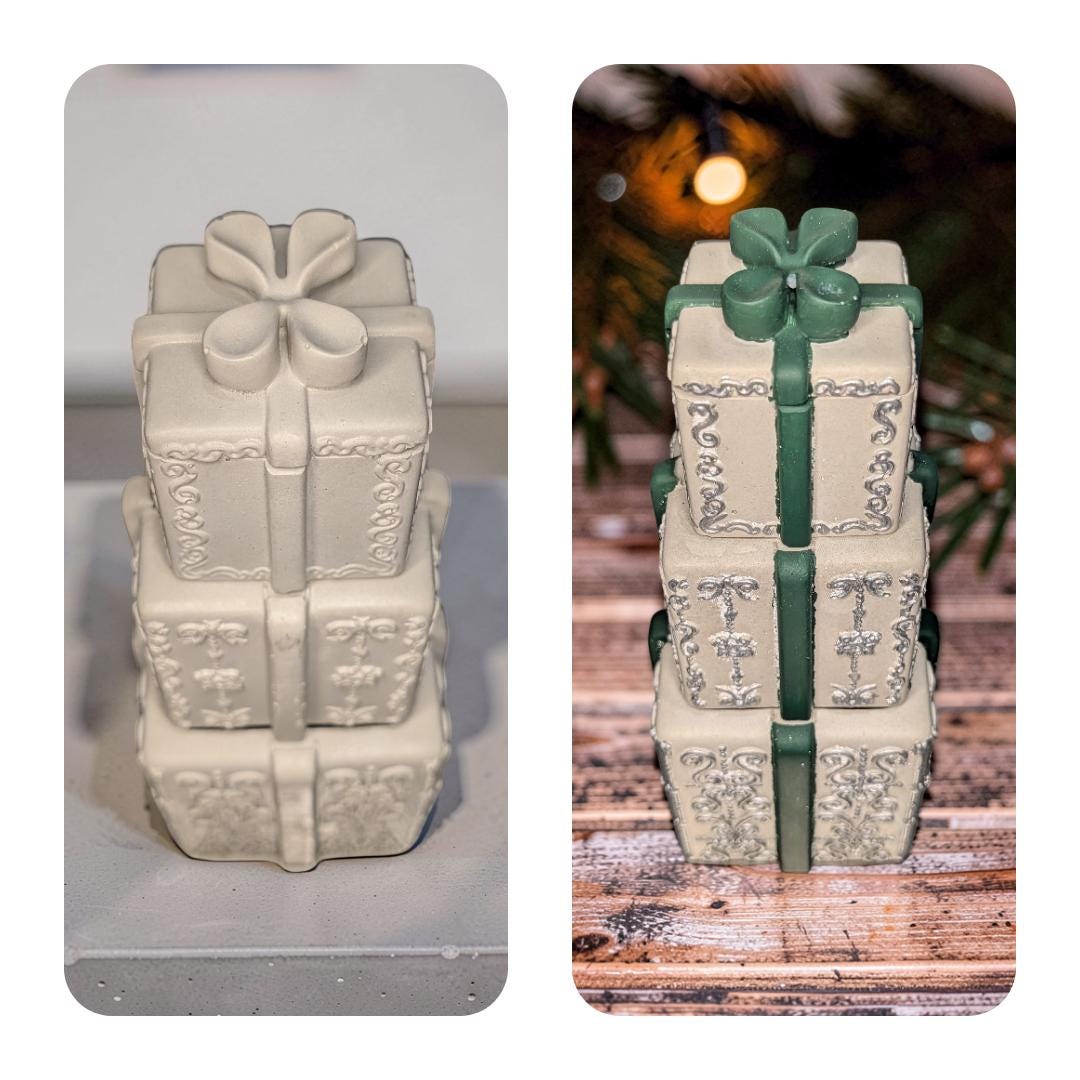 Concrete Stacked Present Tower Set (4-Piece) | Christmas Gift Box Candle Vessels | DIY Holiday Craft & Mantle Decor | Concrete Trinket Boxes
