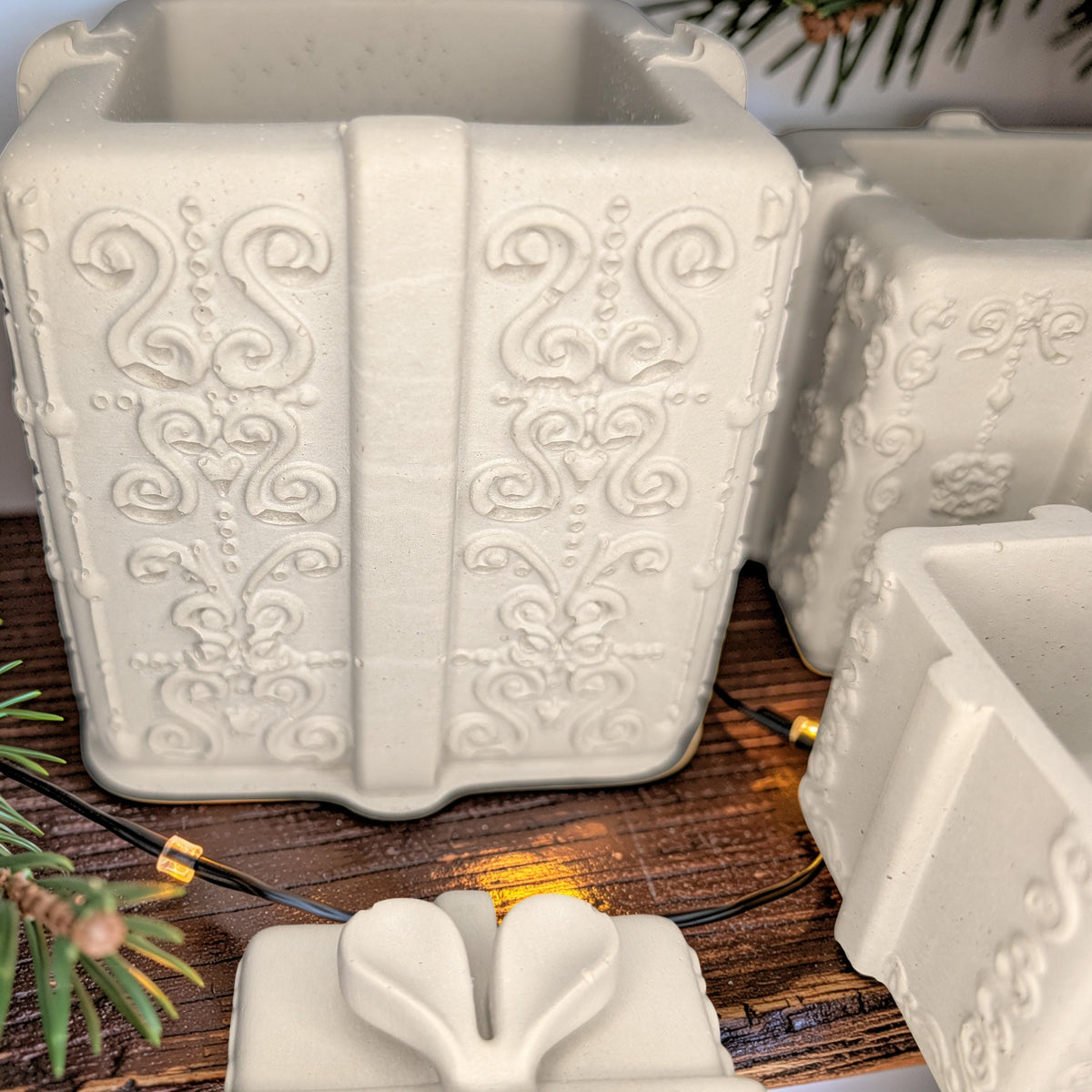 Concrete Stacked Present Tower Set (4-Piece) | Christmas Gift Box Candle Vessels | DIY Holiday Craft & Mantle Decor | Concrete Trinket Boxes