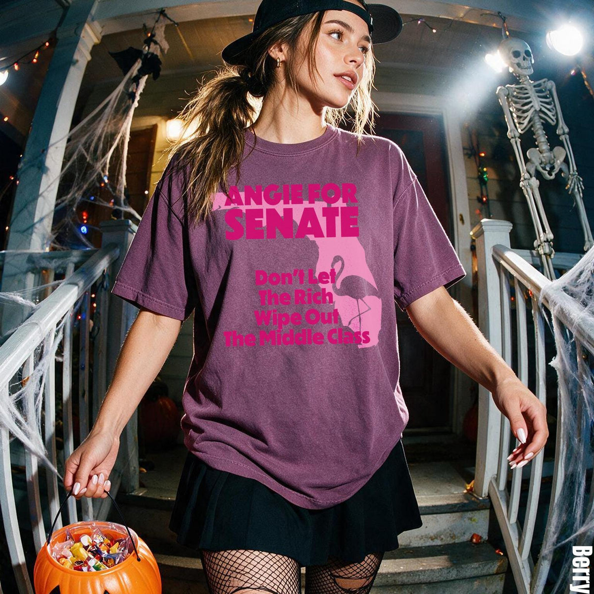 Purple t-shirt with pink text "ANGIE FOR SENATE" and flamingo graphic.