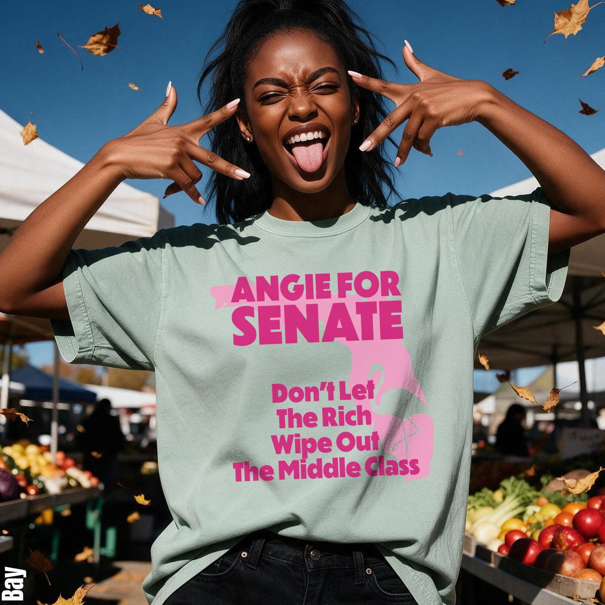 Light green t-shirt with pink text: Angie for Senate, Don&