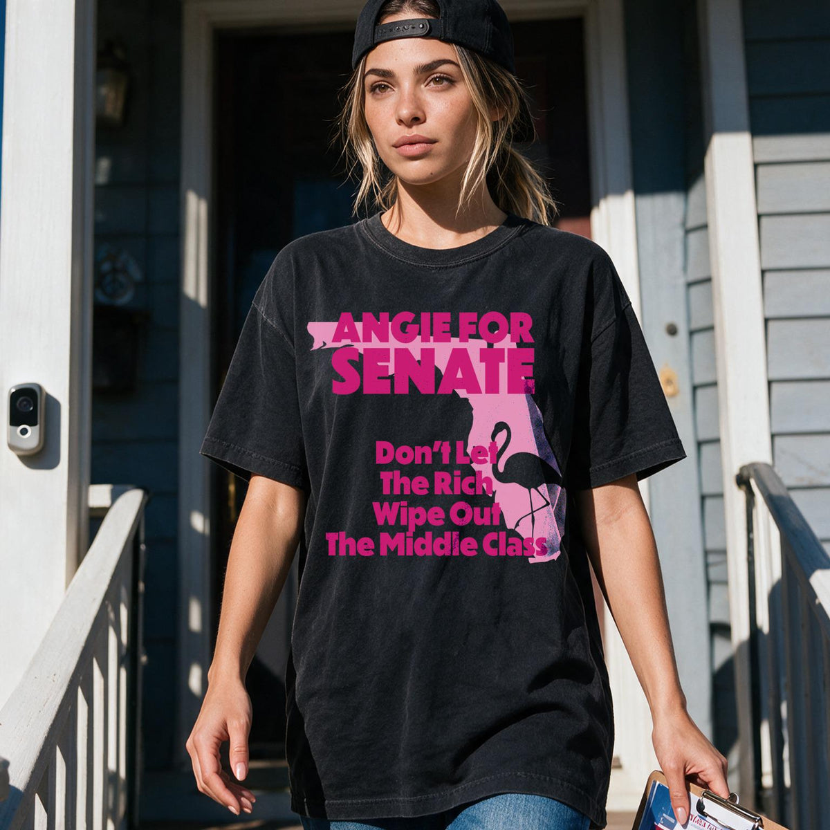 Black t-shirt with pink text: Angie for Senate. Don&