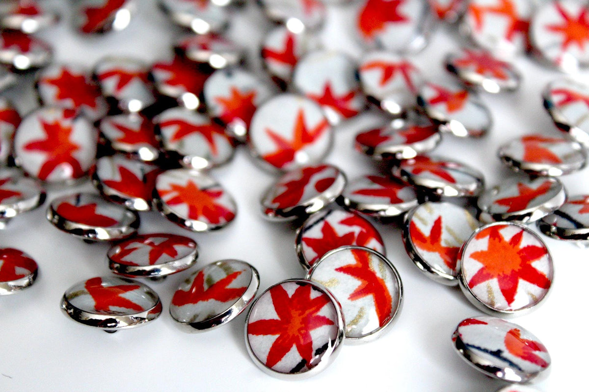 Small Round Buttons - Red Maple Leaves on Pale Blue - 12mm
