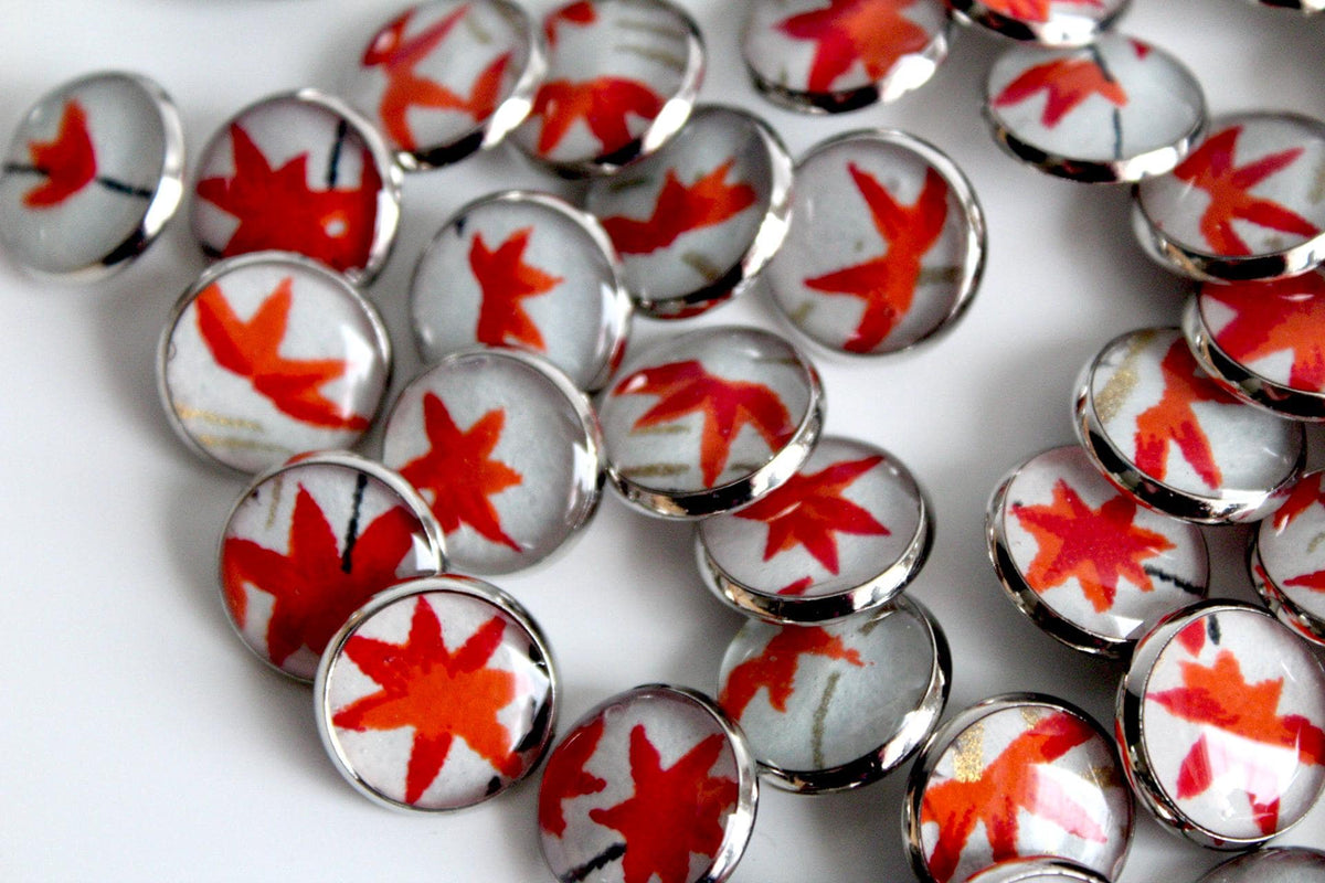 Small Round Buttons - Red Maple Leaves on Pale Blue - 12mm
