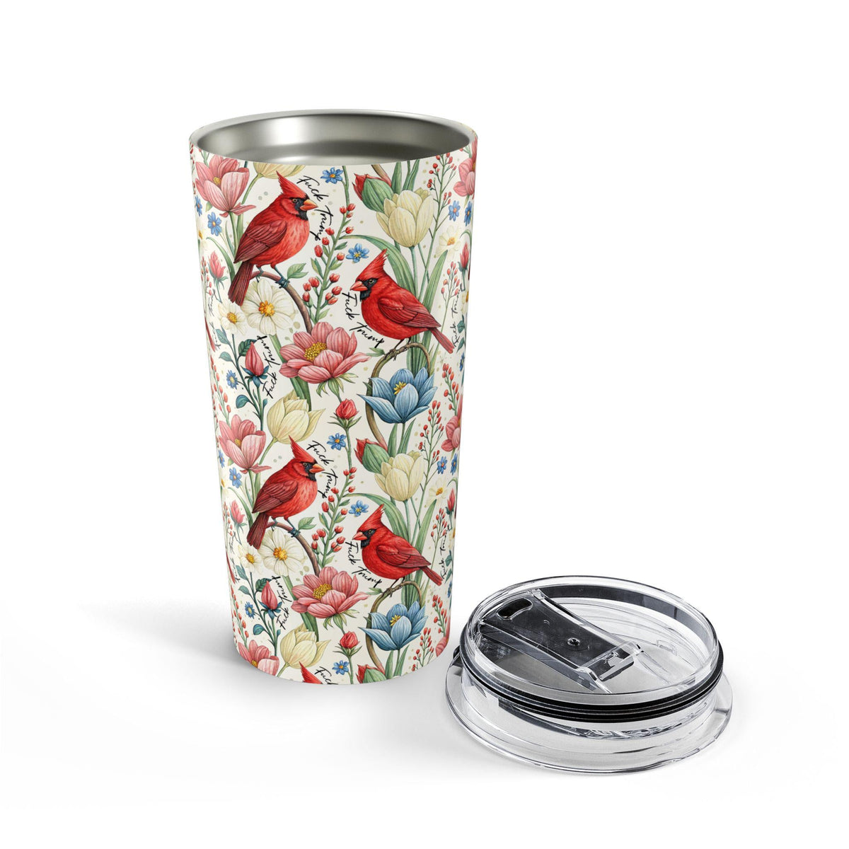 Subtle Anti Trump Cardinal Floral 20 oz Insulated Tumbler, Hidden F Trump Design, Skinny or Tapered Travel Cup
