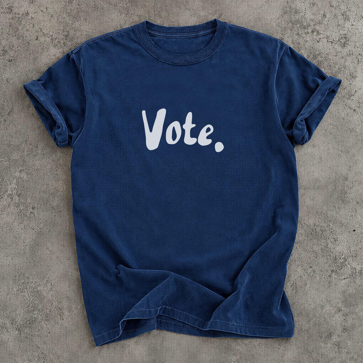 Navy t-shirt with "Vote." printed in white text.
