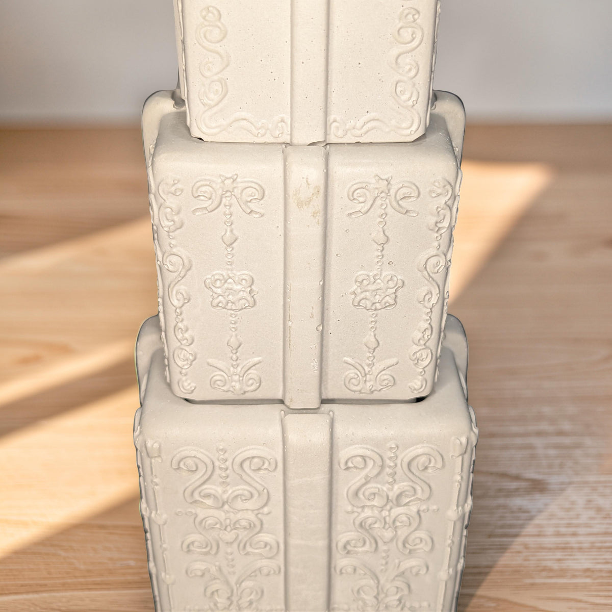Concrete Stacked Present Tower Set (4-Piece) | Christmas Gift Box Candle Vessels | DIY Holiday Craft & Mantle Decor | Concrete Trinket Boxes