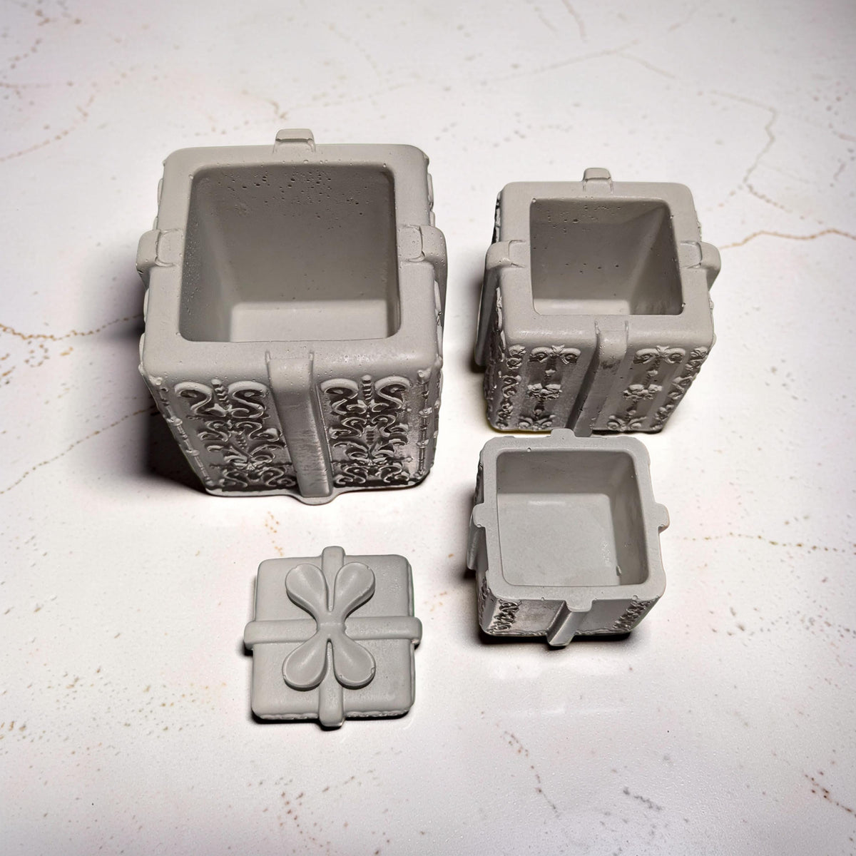 Concrete Stacked Present Tower Set (4-Piece) | Christmas Gift Box Candle Vessels | DIY Holiday Craft & Mantle Decor | Concrete Trinket Boxes