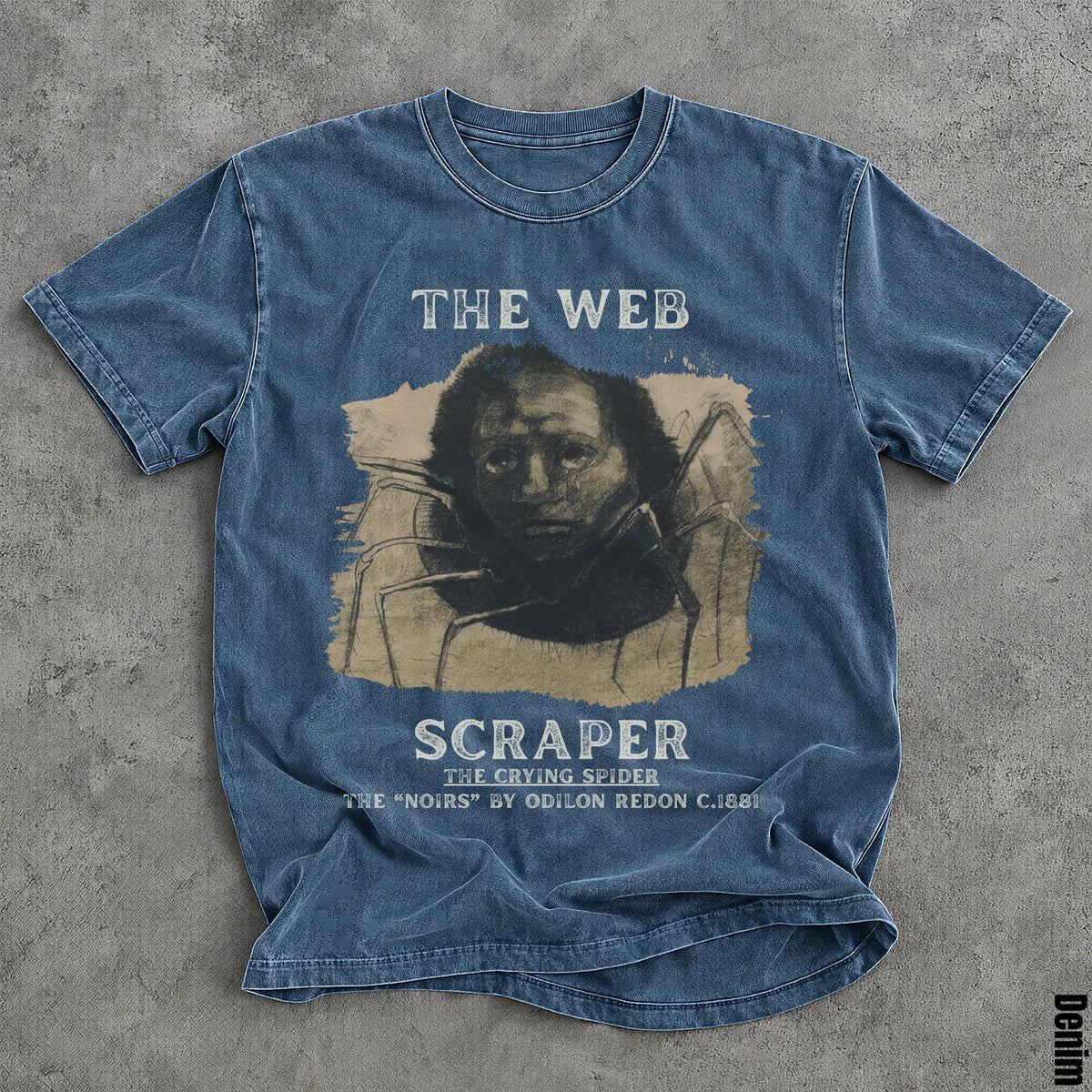 Blue t-shirt with "The Web Scraper The Crying Spider" print by Odilon Redon.