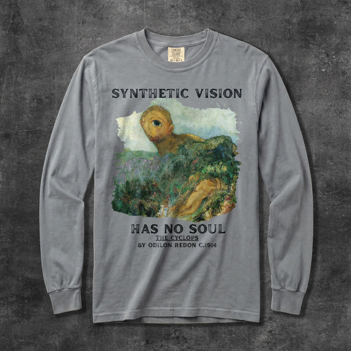 Gray long-sleeve shirt featuring "Synthetic Vision Has No Soul The Cyclops By Odilon Redon C.1914" text and artwork.