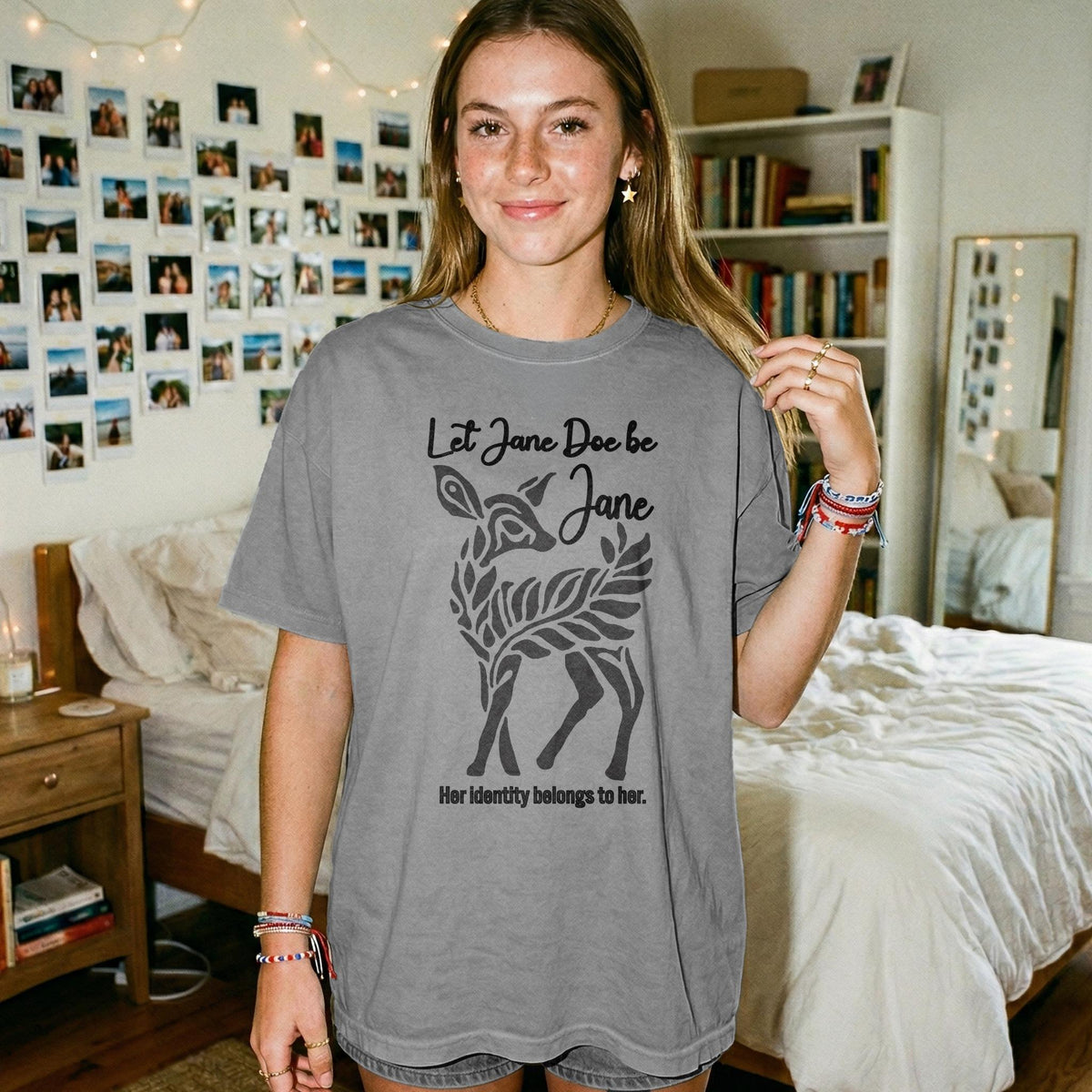 Gray t-shirt with deer graphic and text "Let Jane Doe be Jane. Her identity belongs to her."