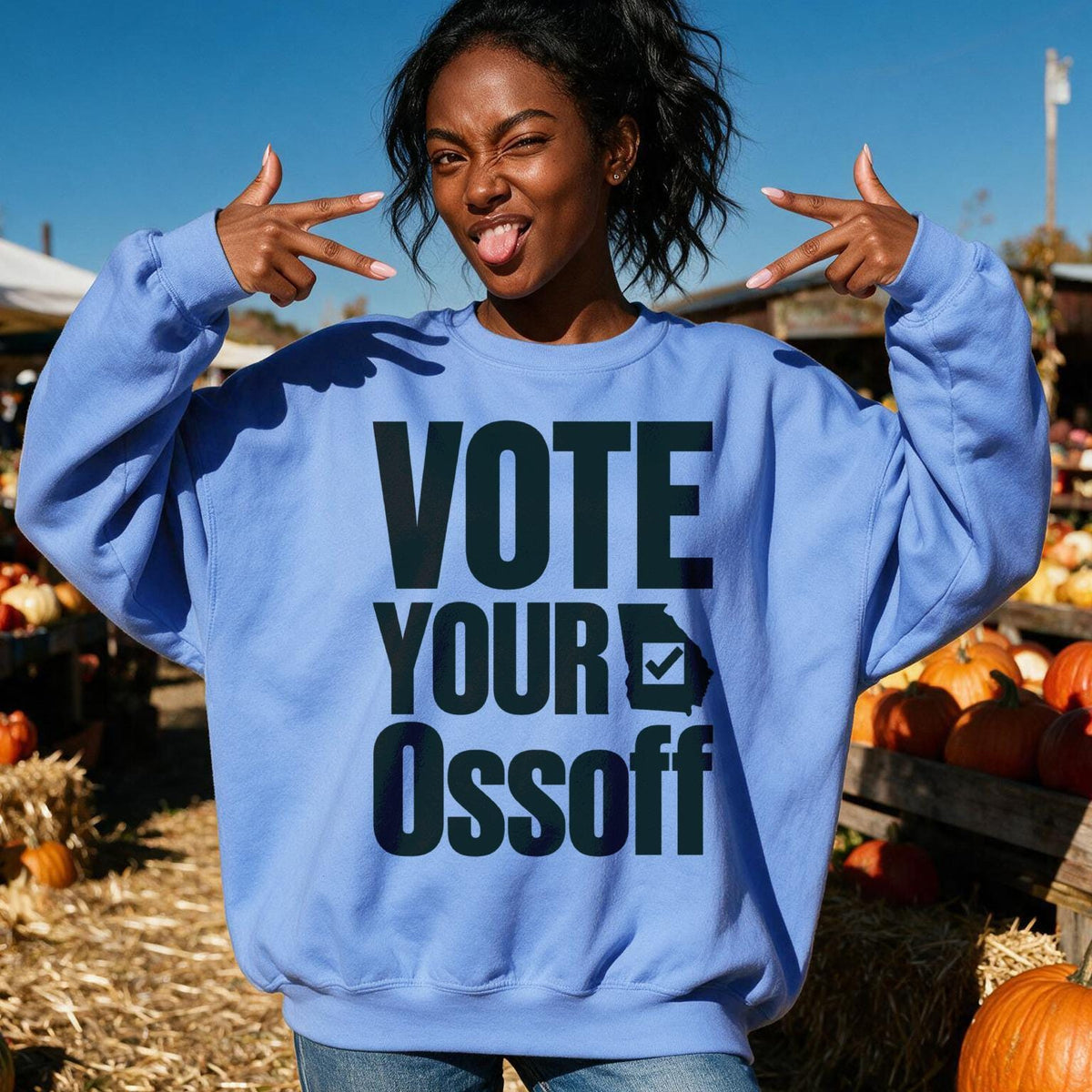 Light blue sweatshirt with "VOTE YOUR Ossoff" text and Georgia outline.