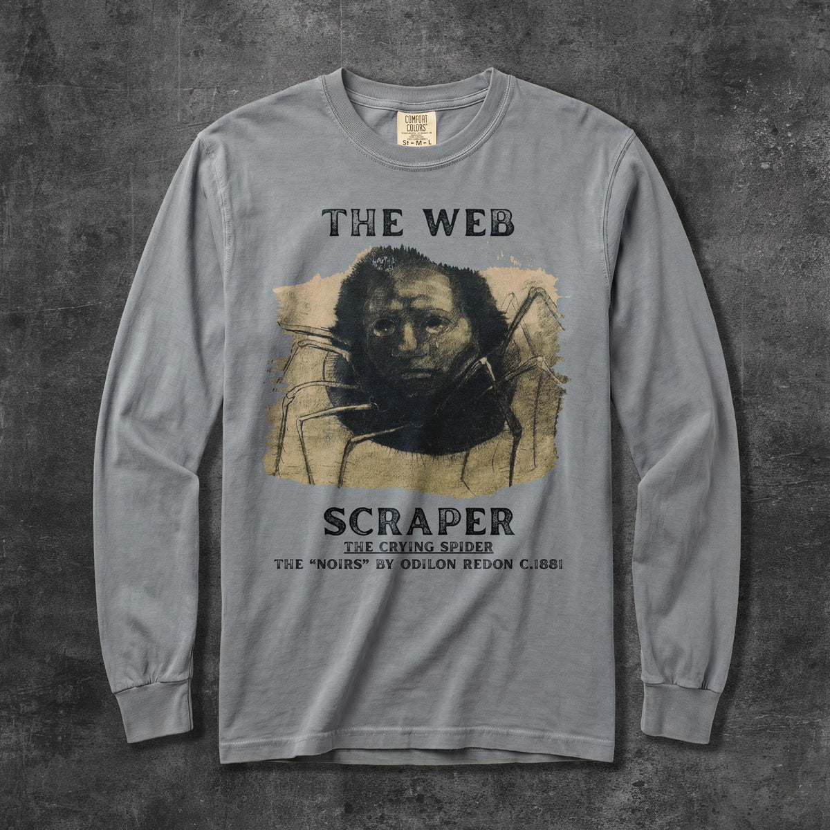 Long-sleeve t-shirt with "The Web Scraper The Crying Spider" artwork by Odilon Redon.