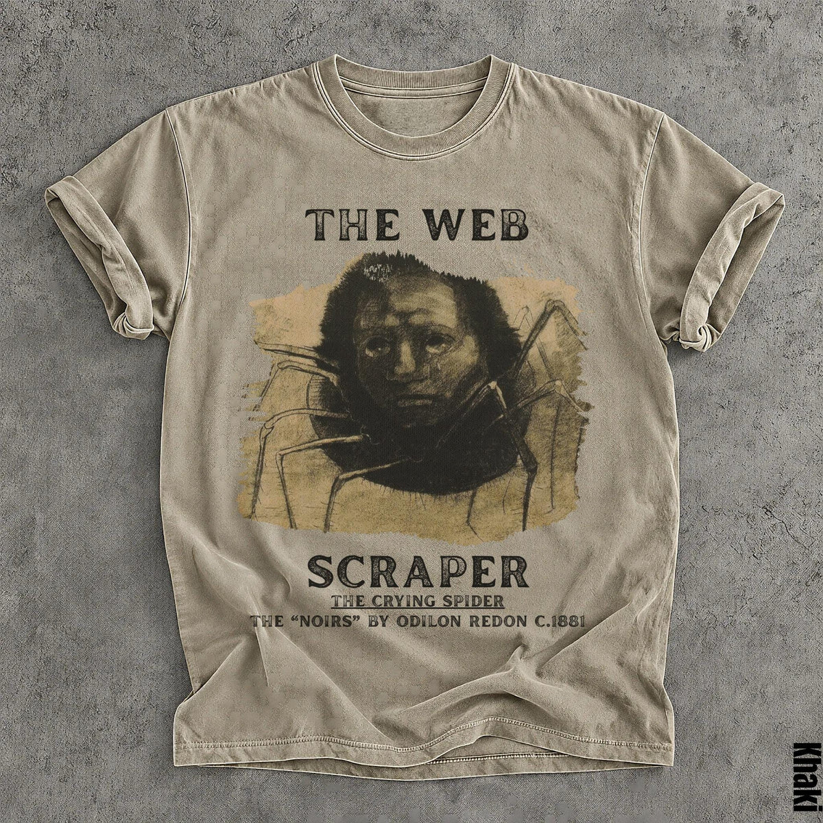 T-shirt with "The Web Scraper The Crying Spider" text and a spider-human hybrid image.