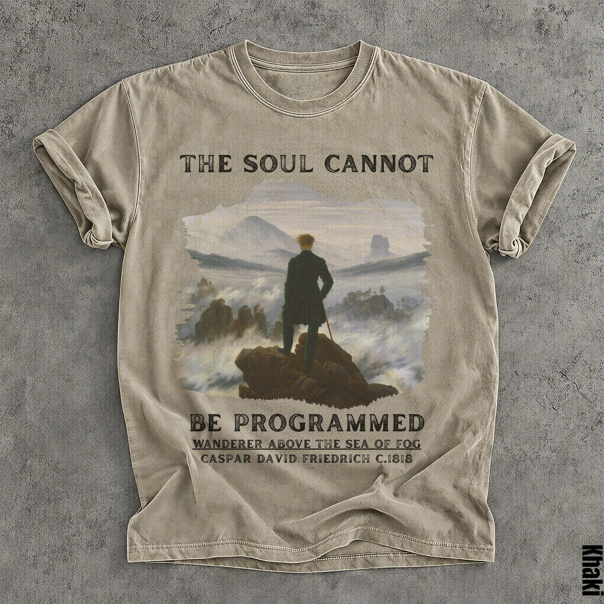T-shirt with "The soul cannot be programmed" artwork and text.