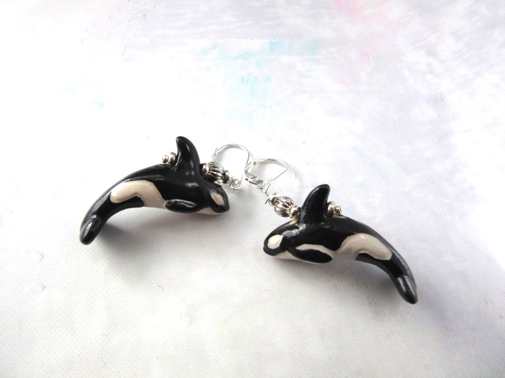 Orca Whale Earrings - Hand Painted Killer Whale Earrings showcasing intricate black and white details, perfect ocean themed gift for animal lovers.