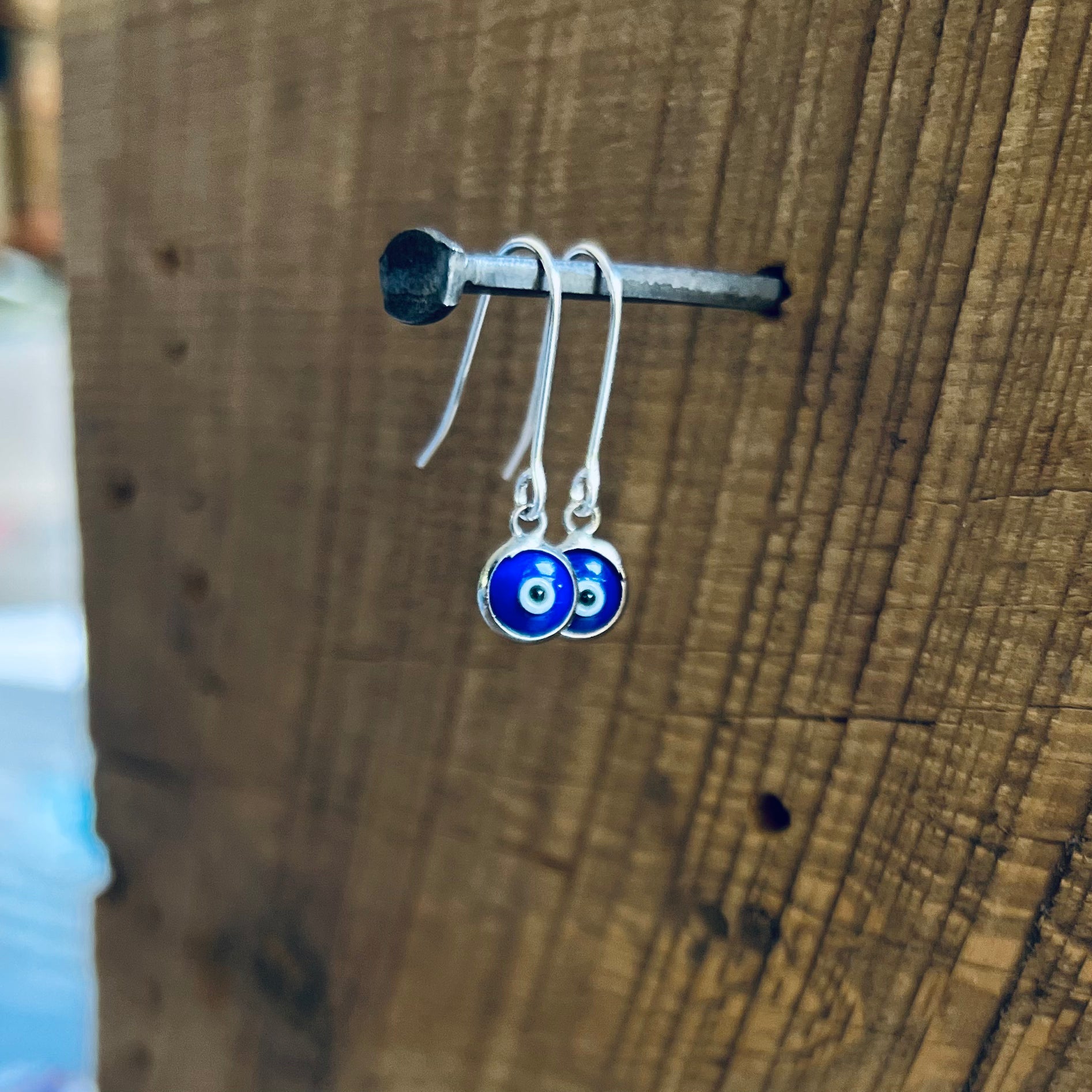 SariBlue® Mini Dark Blue Crystal Evil Eye Earrings on Petite Sterling Silver Hooks