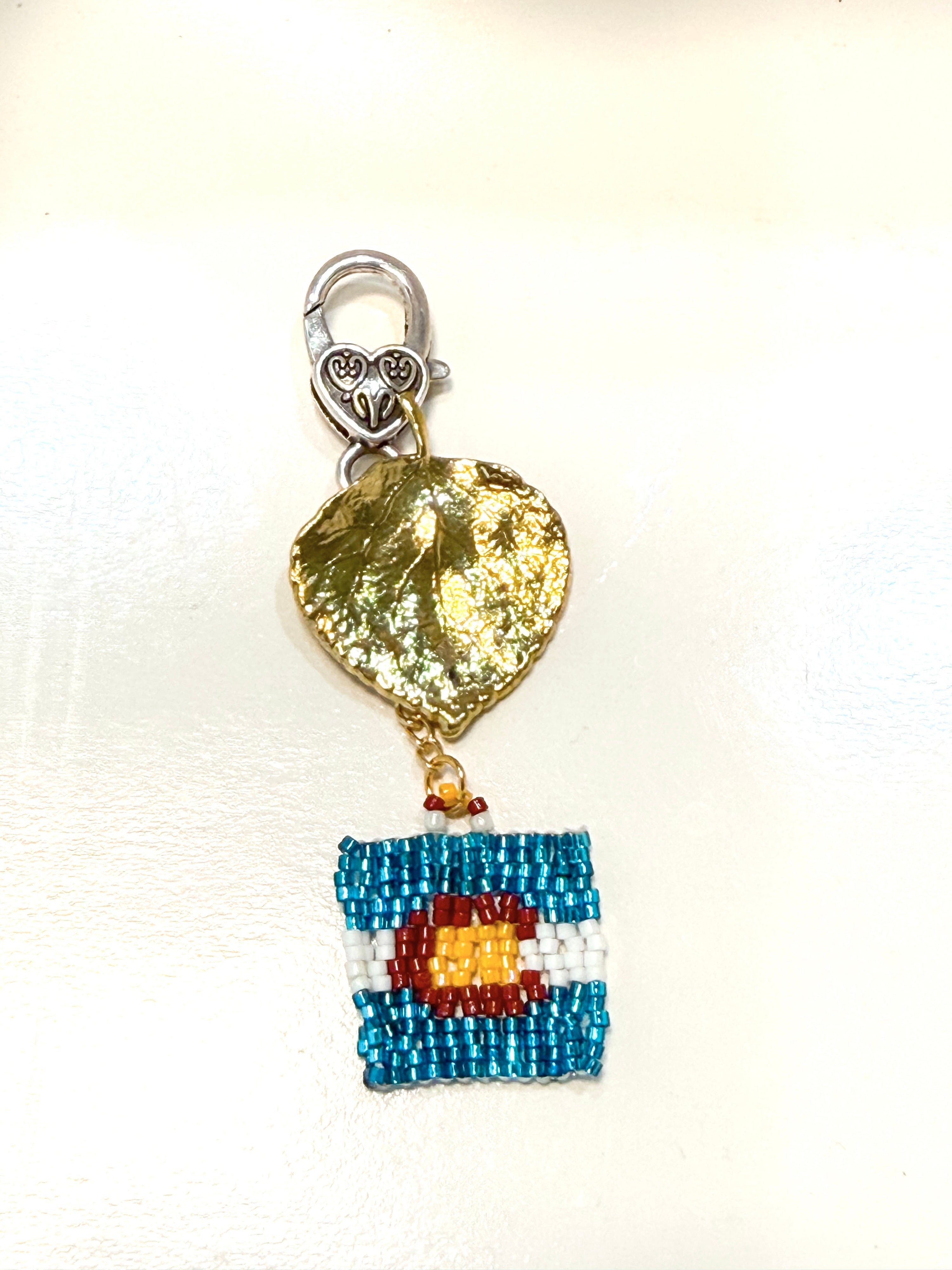 CHARM: Colorado flag with 10kt gold plated Aspen leaf and Silver Antique clasp