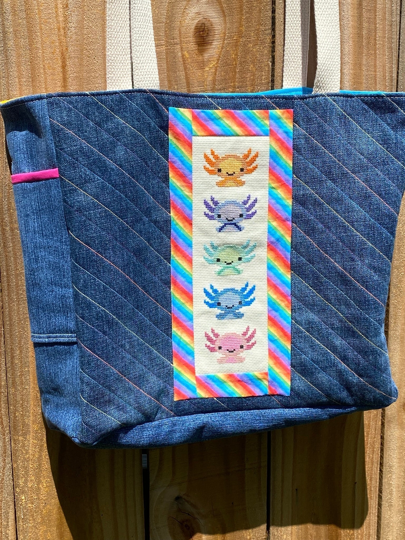 Axolotl Upcycled Denim Tote Bag