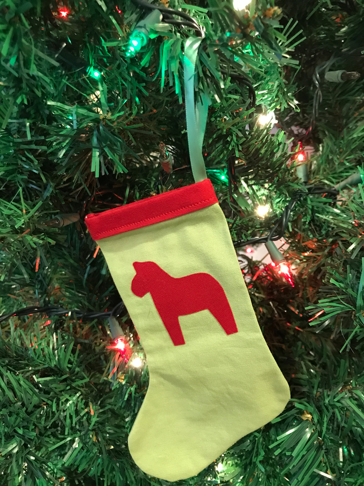 Dala Horse mini-stocking ornaments - green with red dala
