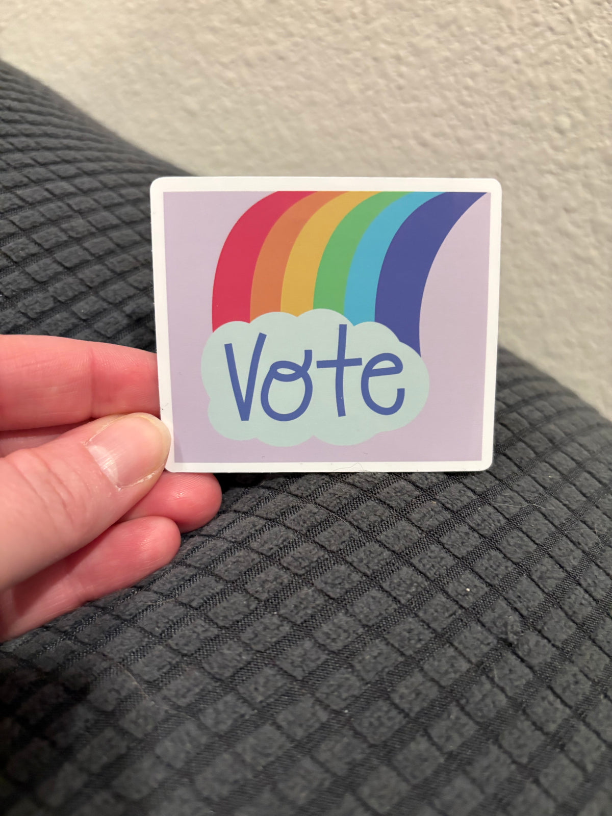 Vote, glossy sticker with a rainbow and cloud