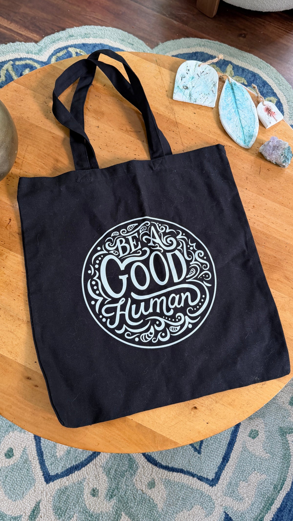 Be a Good Human Gift Set — Canvas Tote Bag + Holographic Sticker + Button | Inspirational Bundle